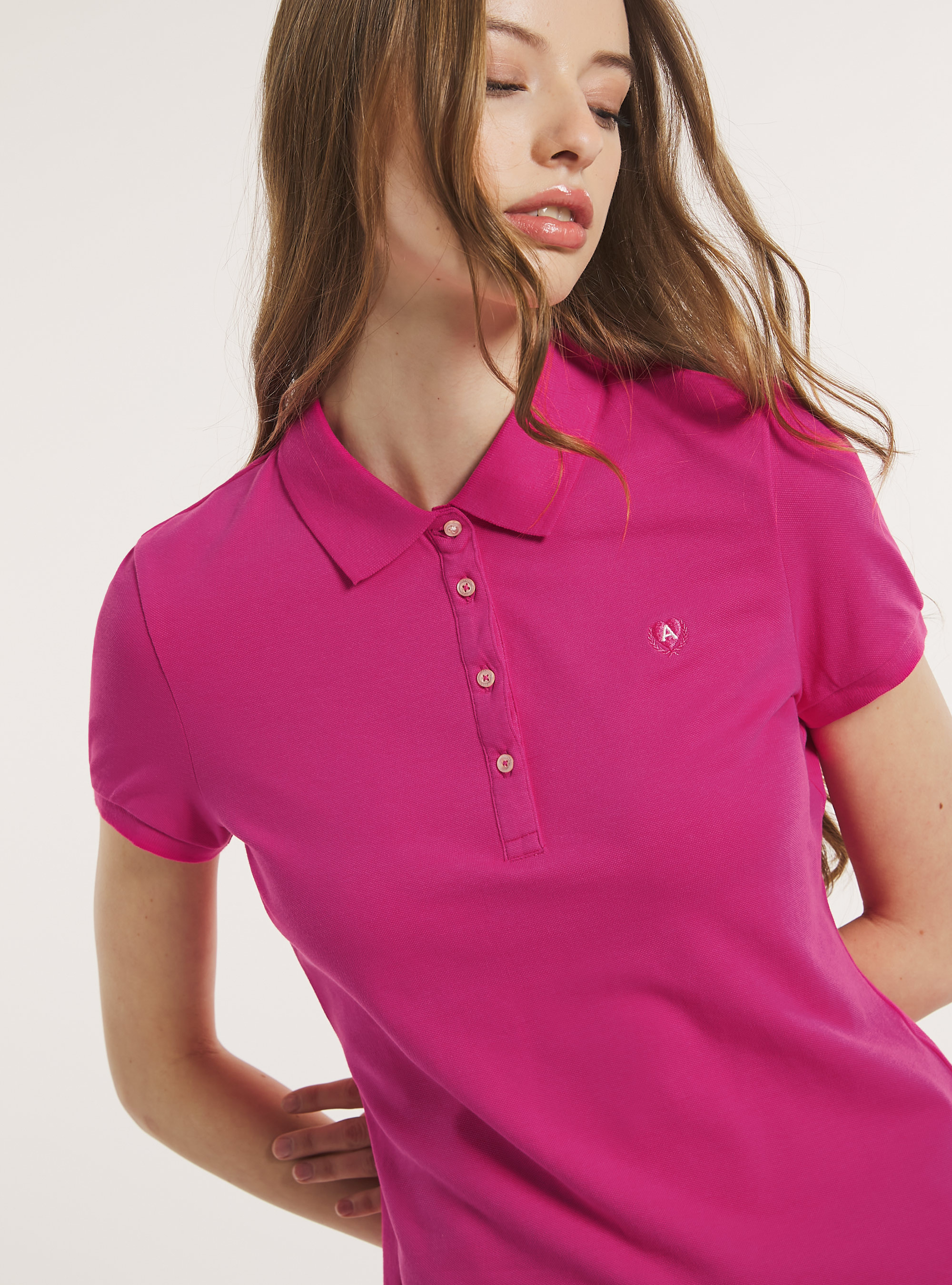 Cotton piqué polo shirt with embroidery, FX2 FUXIA MEDIUM