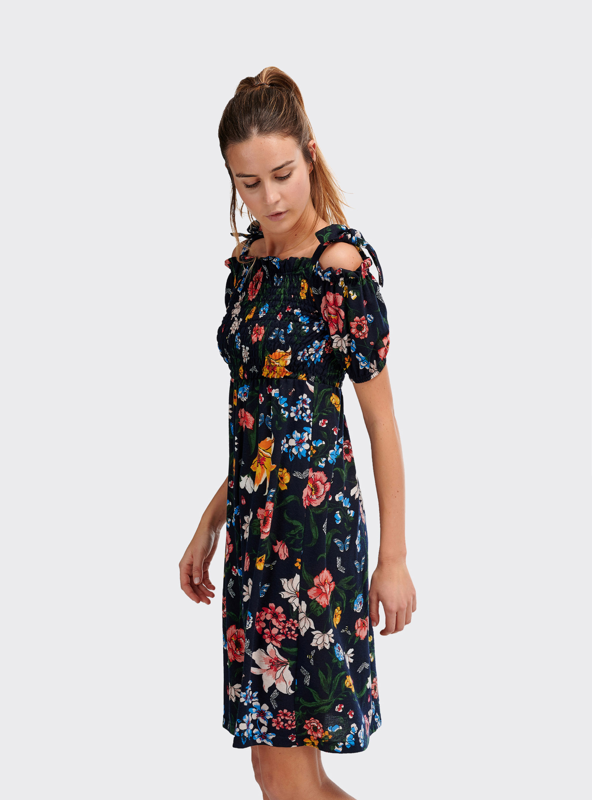 Vestito midi a fiori con spalle scoperte, FLOWERS