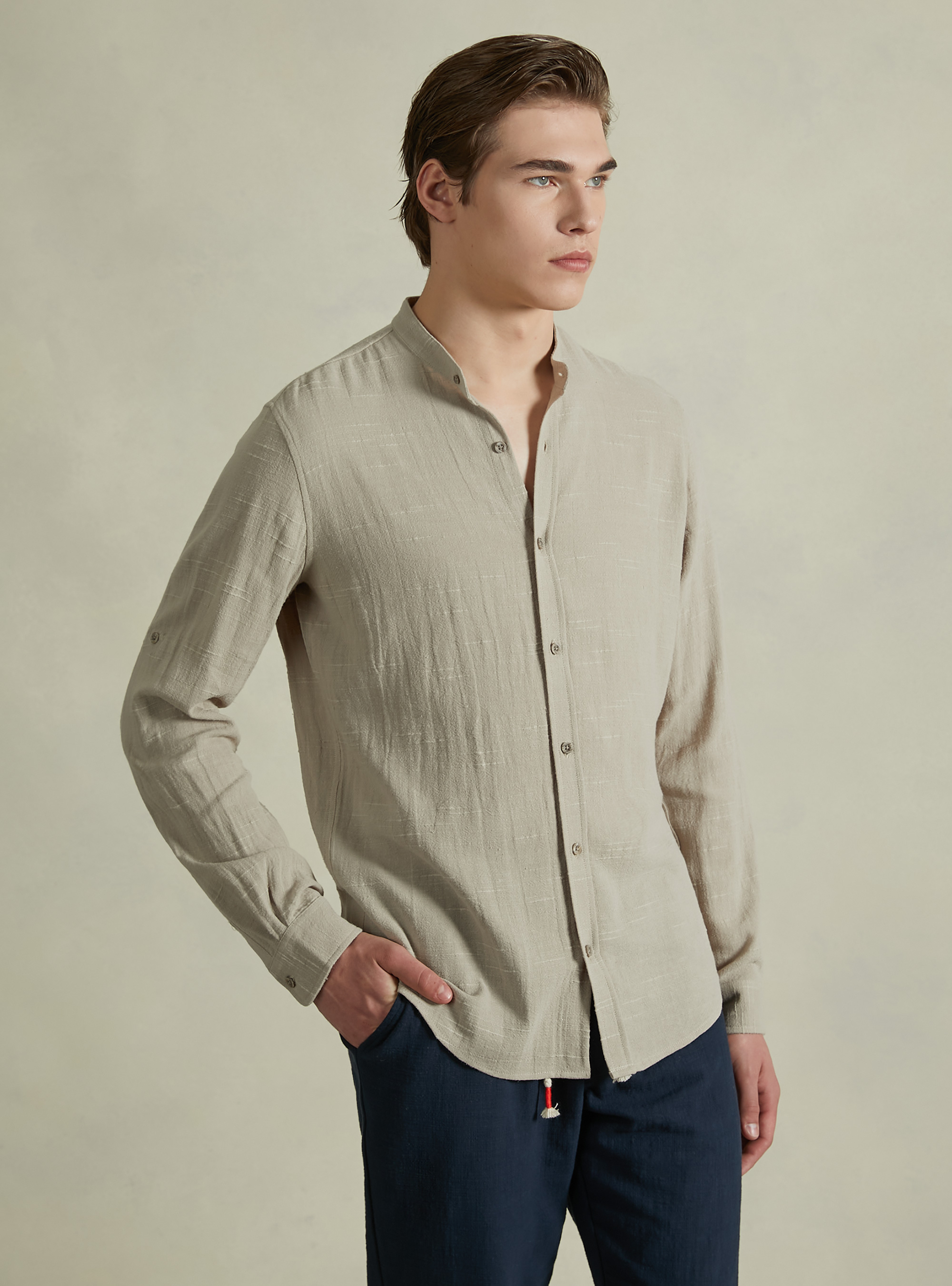 Linen blend shirt with Korean collar, BG2 BEIGE MEDIUM