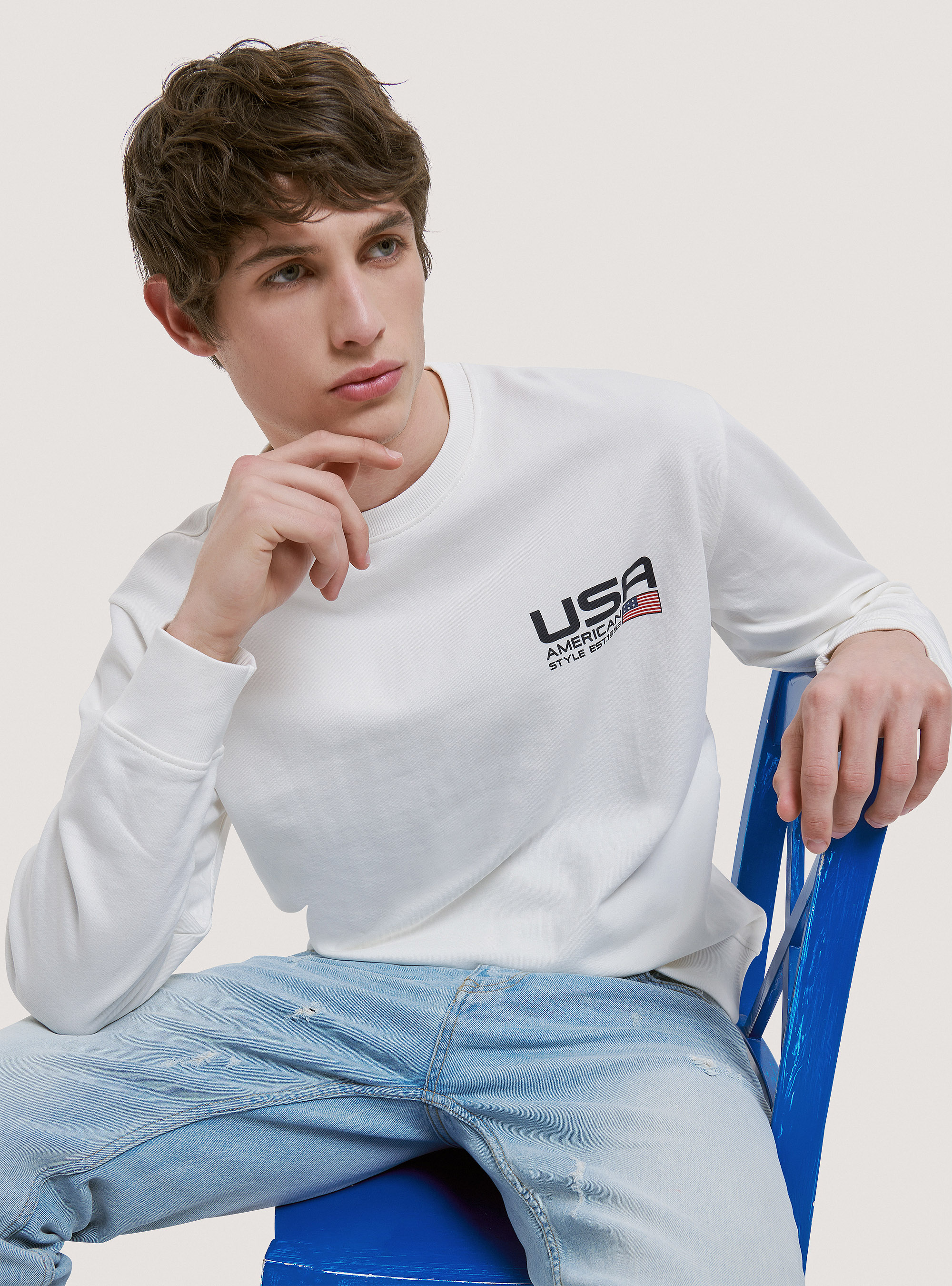 Crew-neck cotton sweatshirt with print, C0020 OFF WHITE