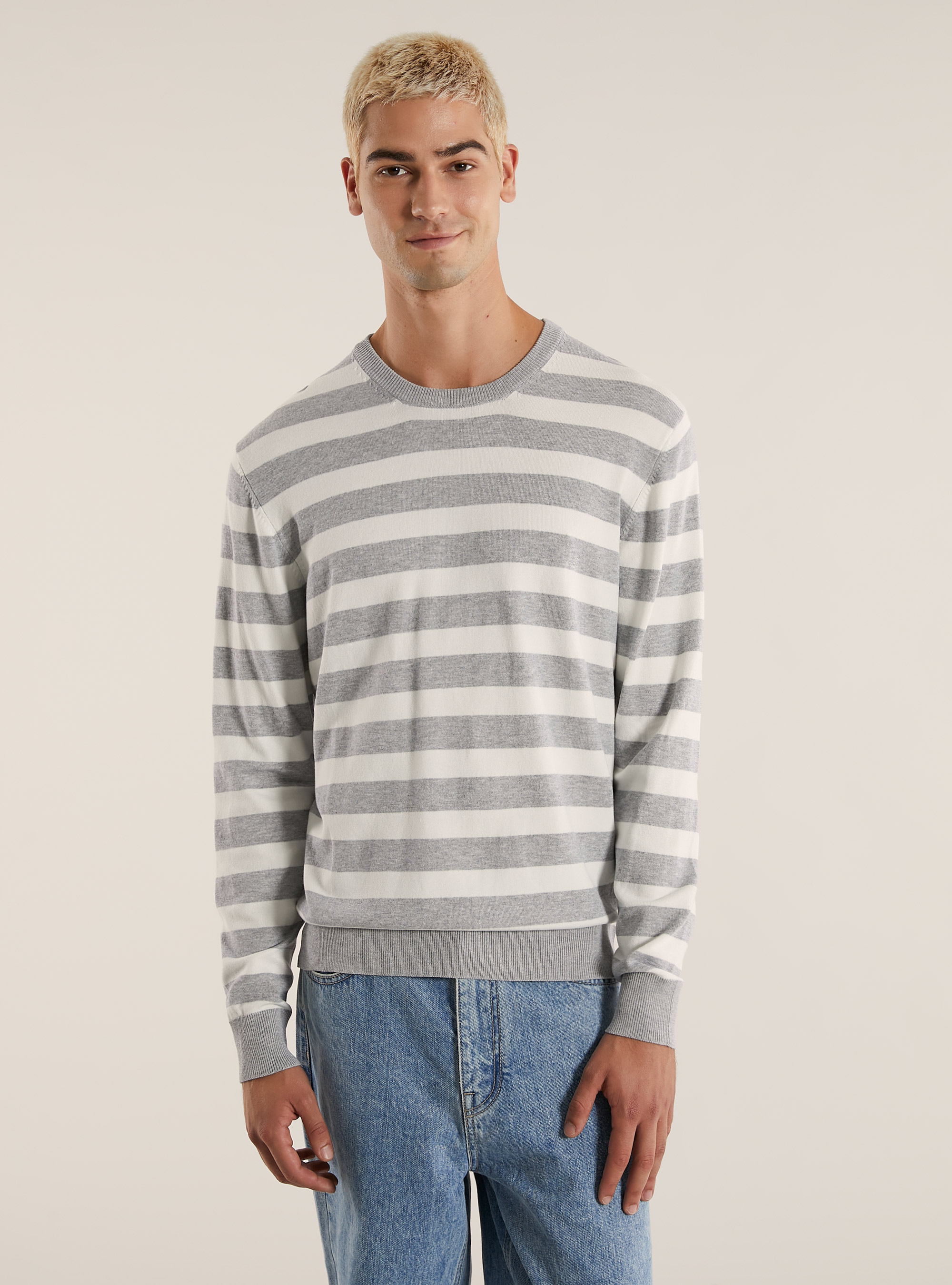 Jersey de viscosa a rayas de cuello redondo, MGY2 GREY MEL MEDIUM