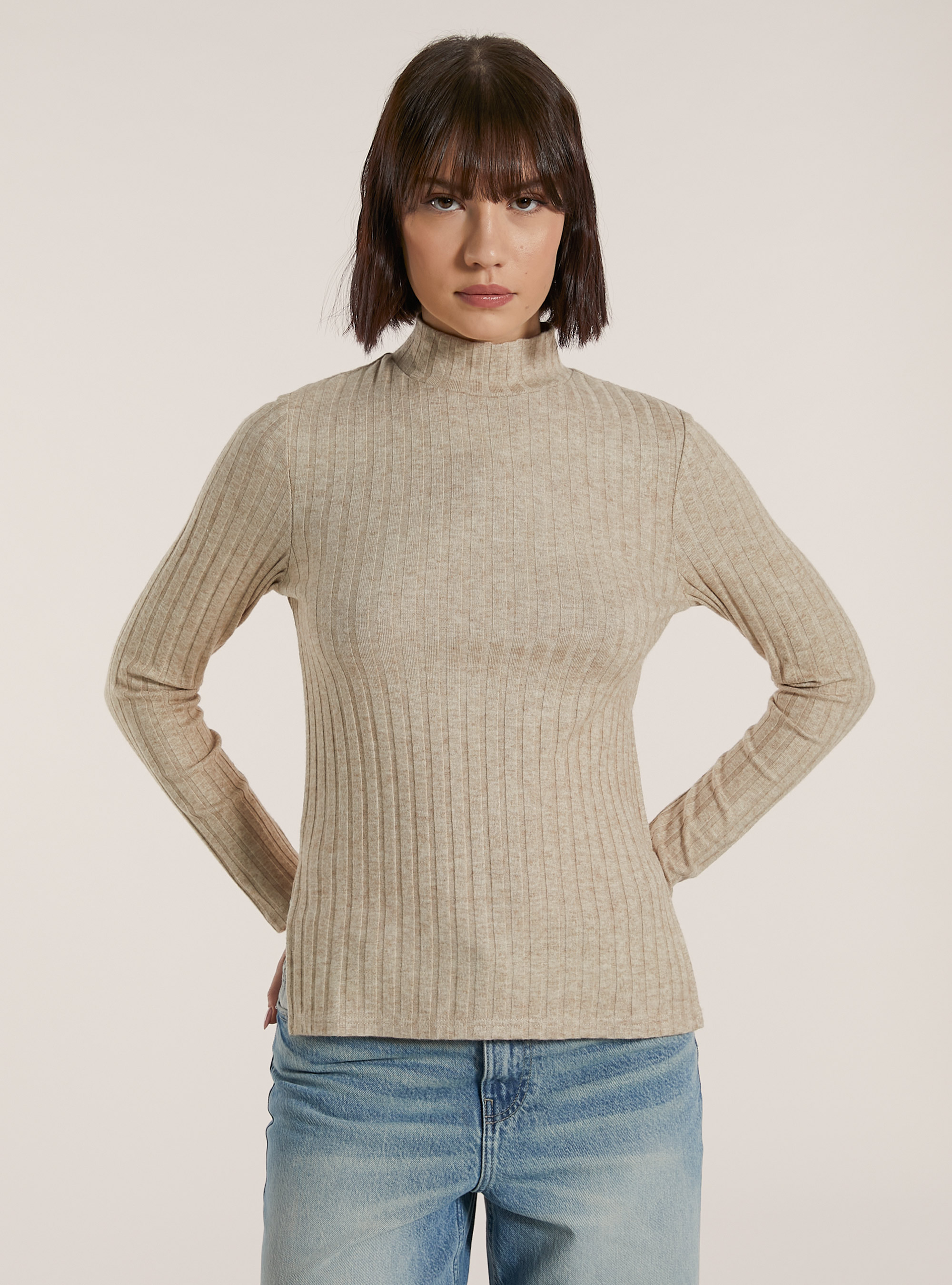 Maglia collo alto a coste, MBG2 BEIGE MEL MED