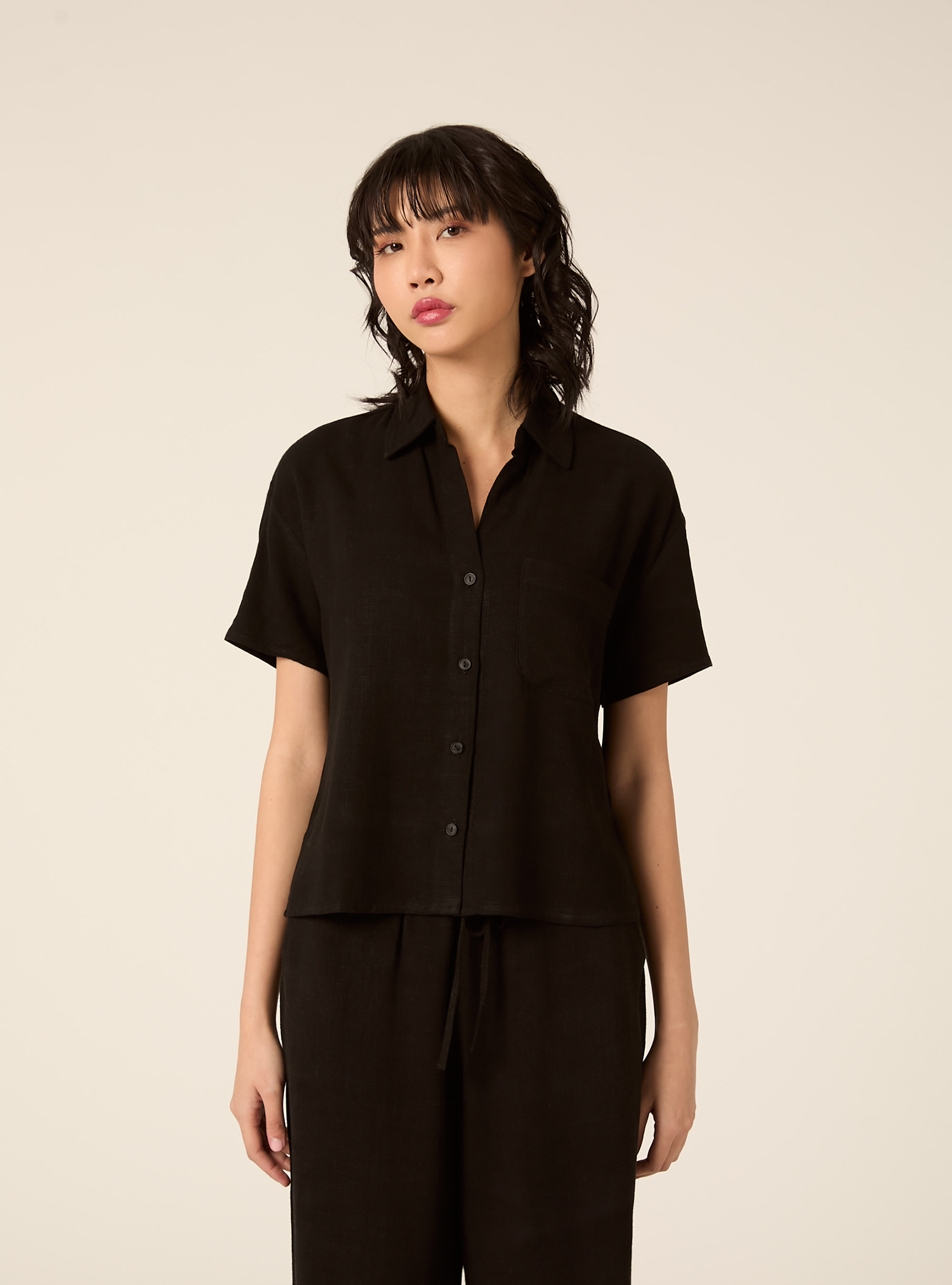Cropped linen blend shirt, BK1 BLACK