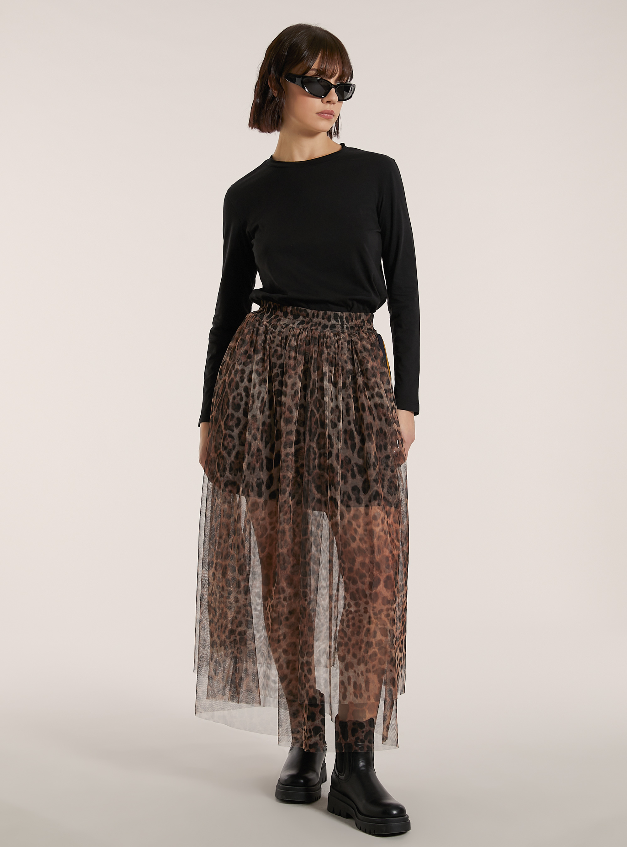 Gonna lunga animalier con bande laterali, ANIMALIER BROWN