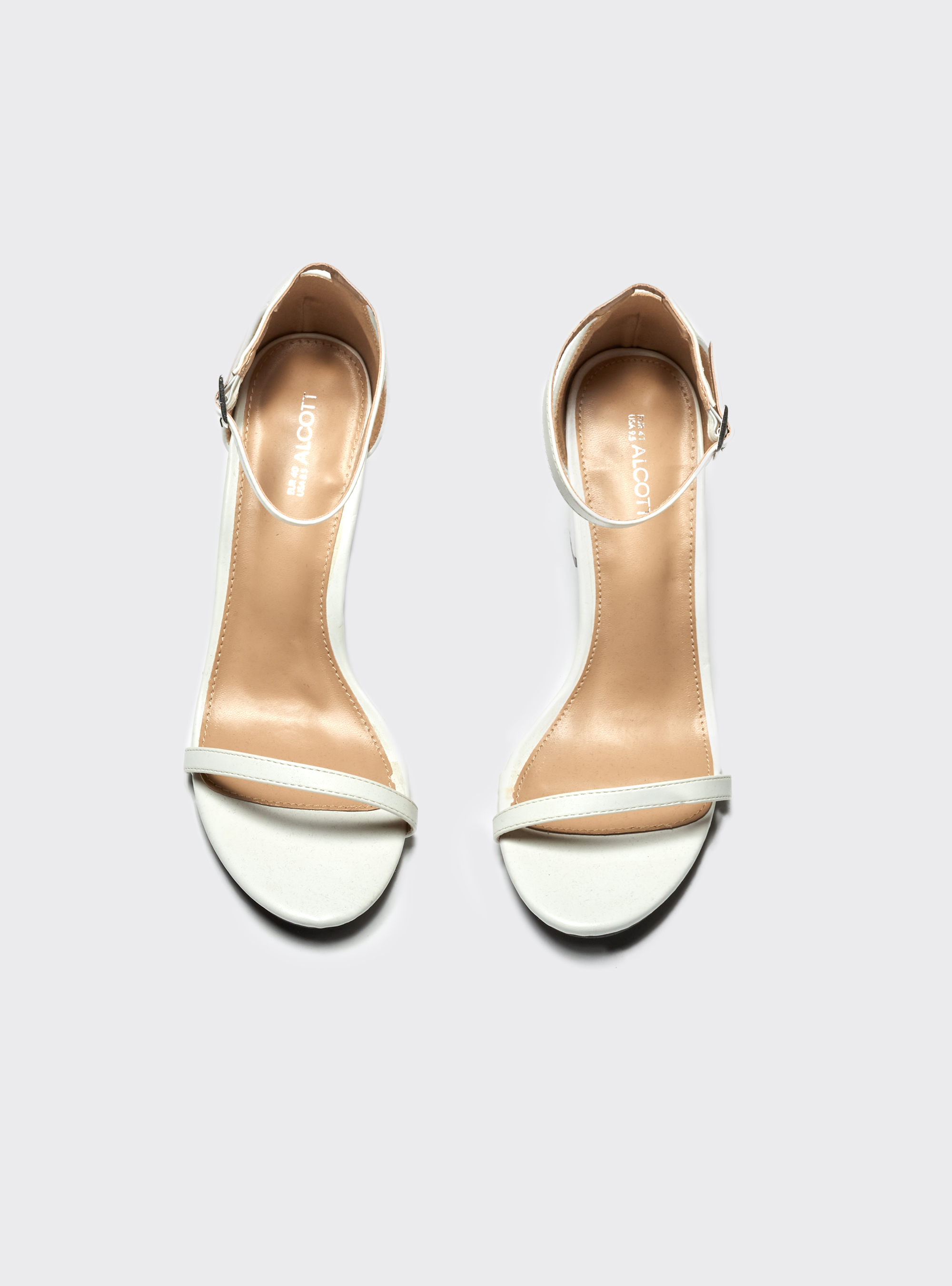 Sandali in ecopelle con tacco largo e fascetta sulla caviglia, BIANCO