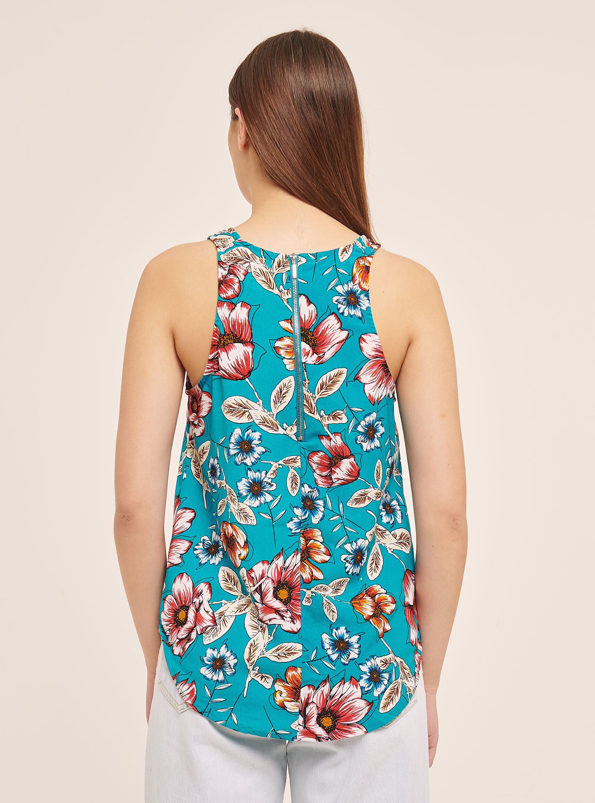 Blouse with floral print and zip at the back, FLOWER GREEN