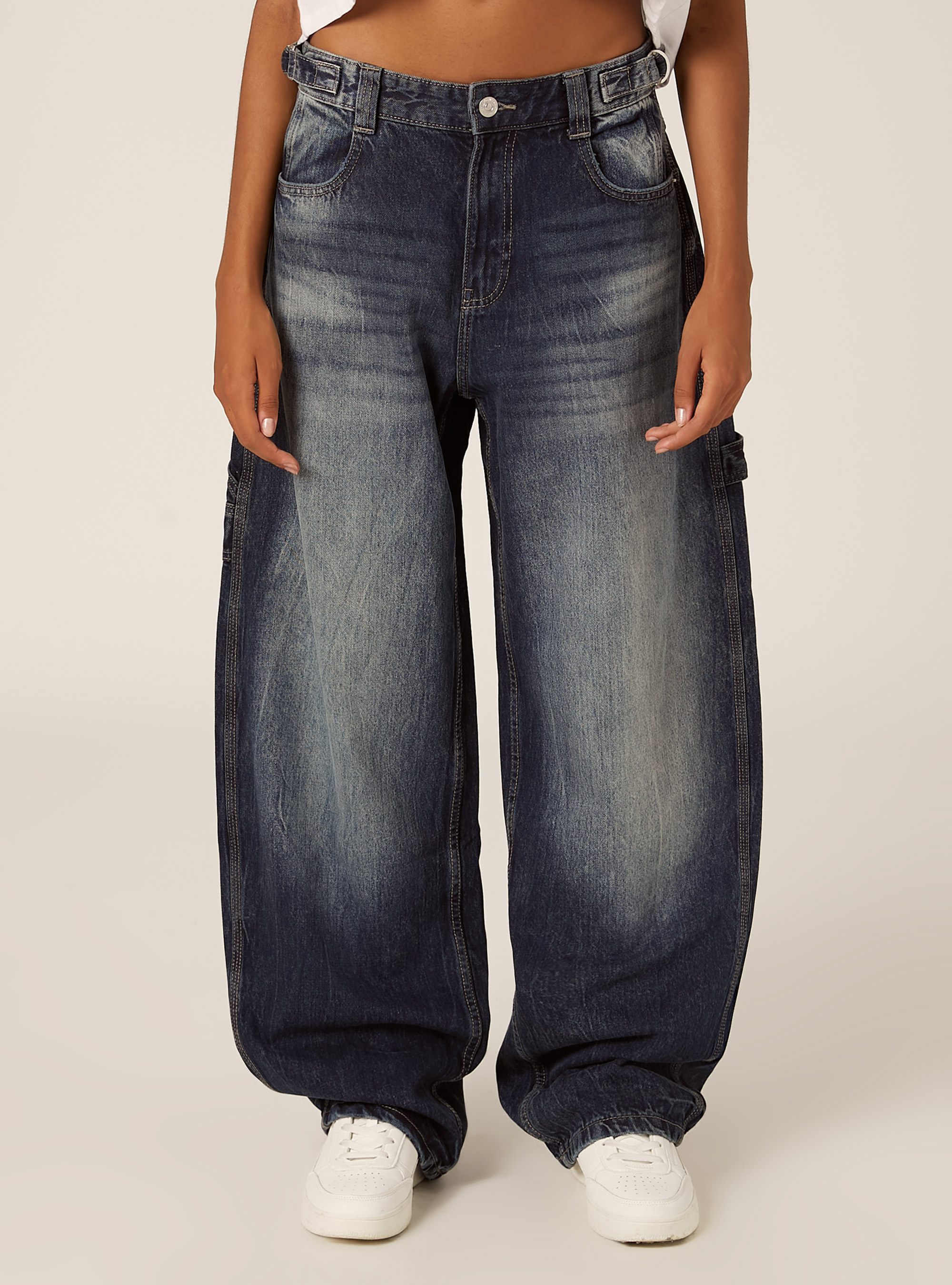 Jeans balloon carpenter con vita regolabile, D003 MEDIUM BLUE