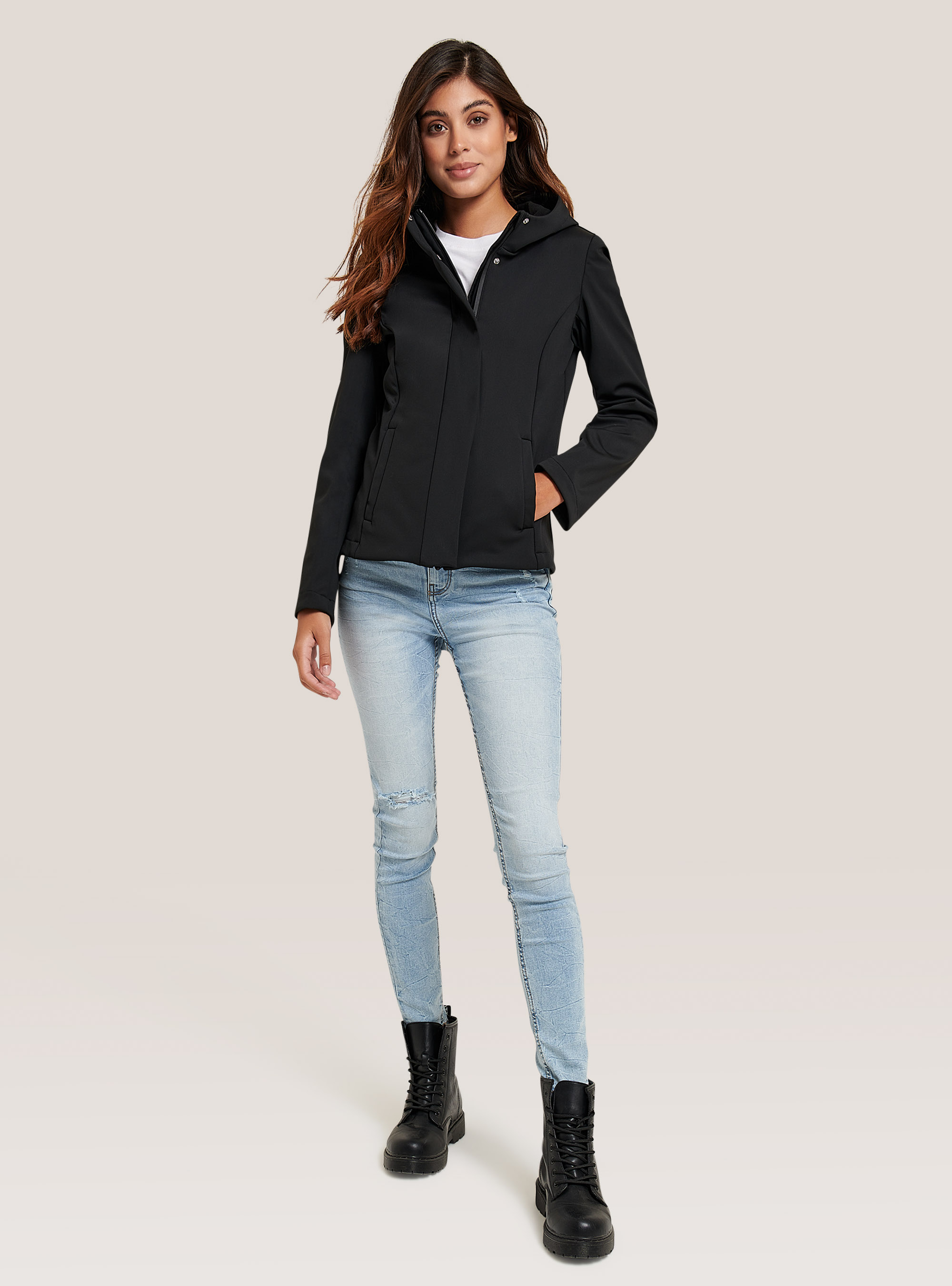 Technical fabric jacket with hood, BLACK