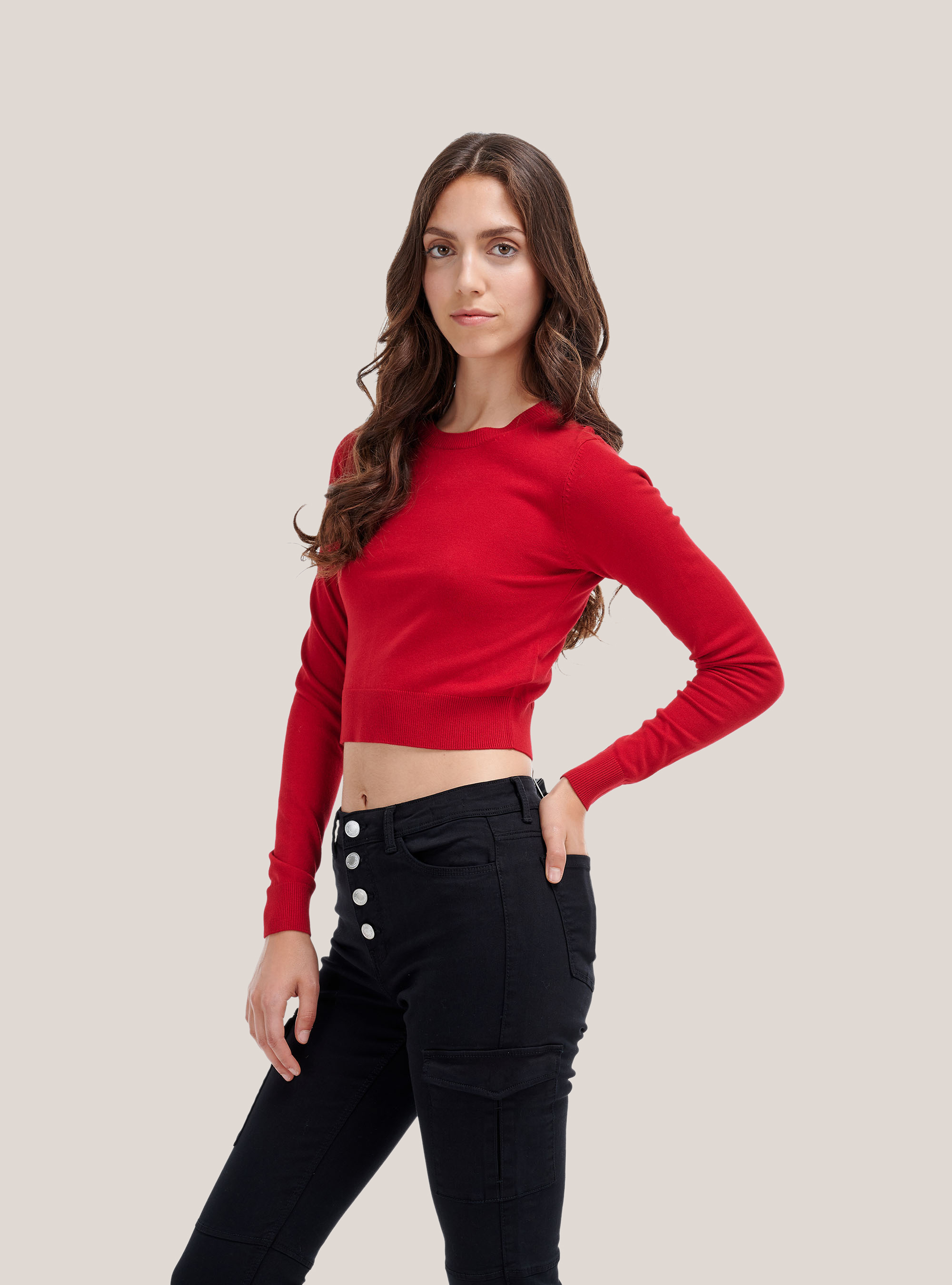 Kurzer Pullover mit Rundhalsausschnitt, C4498 RED