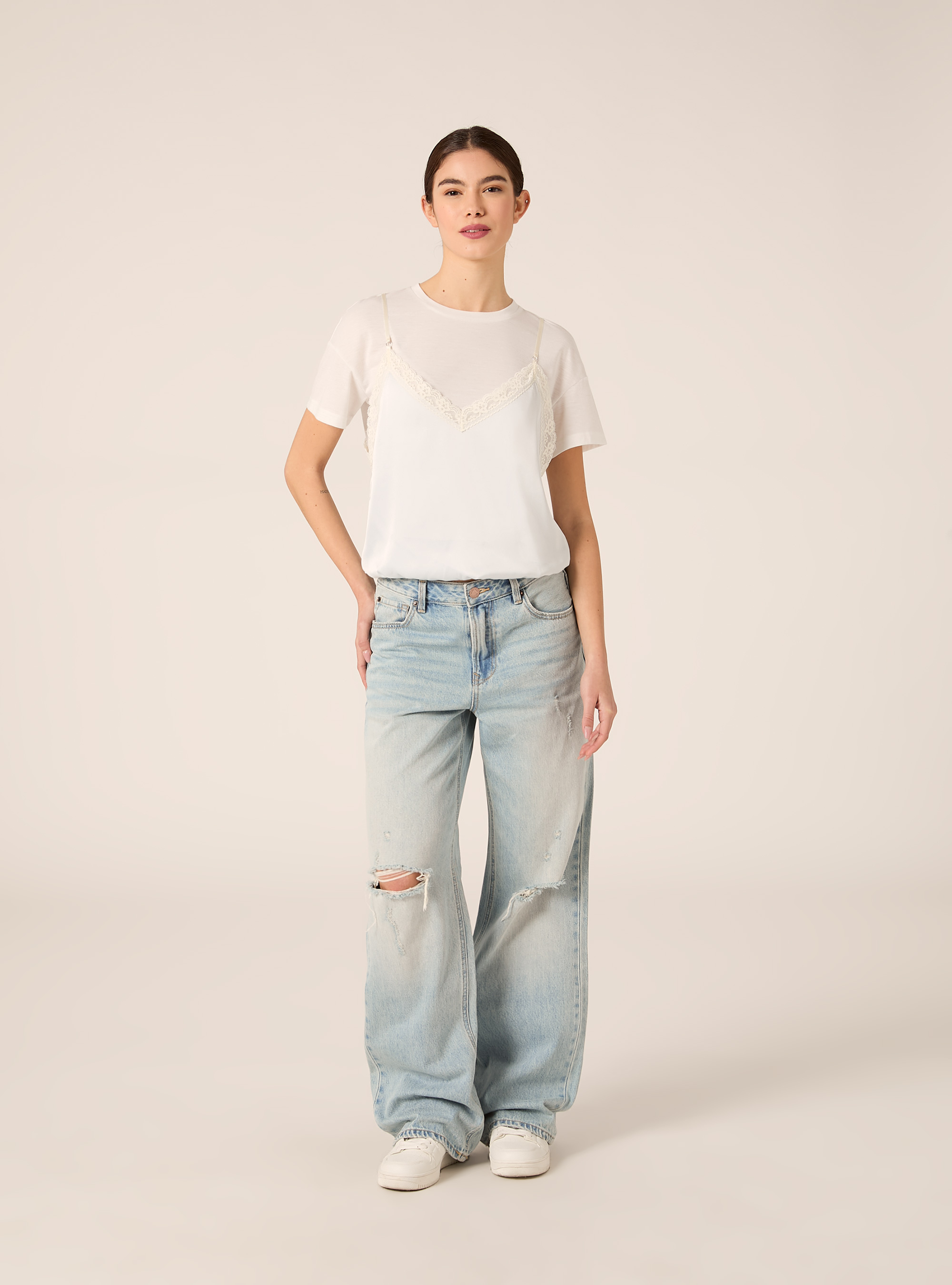 T-shirt combinata con top satin in pizzo, WH1 OFF WHITE