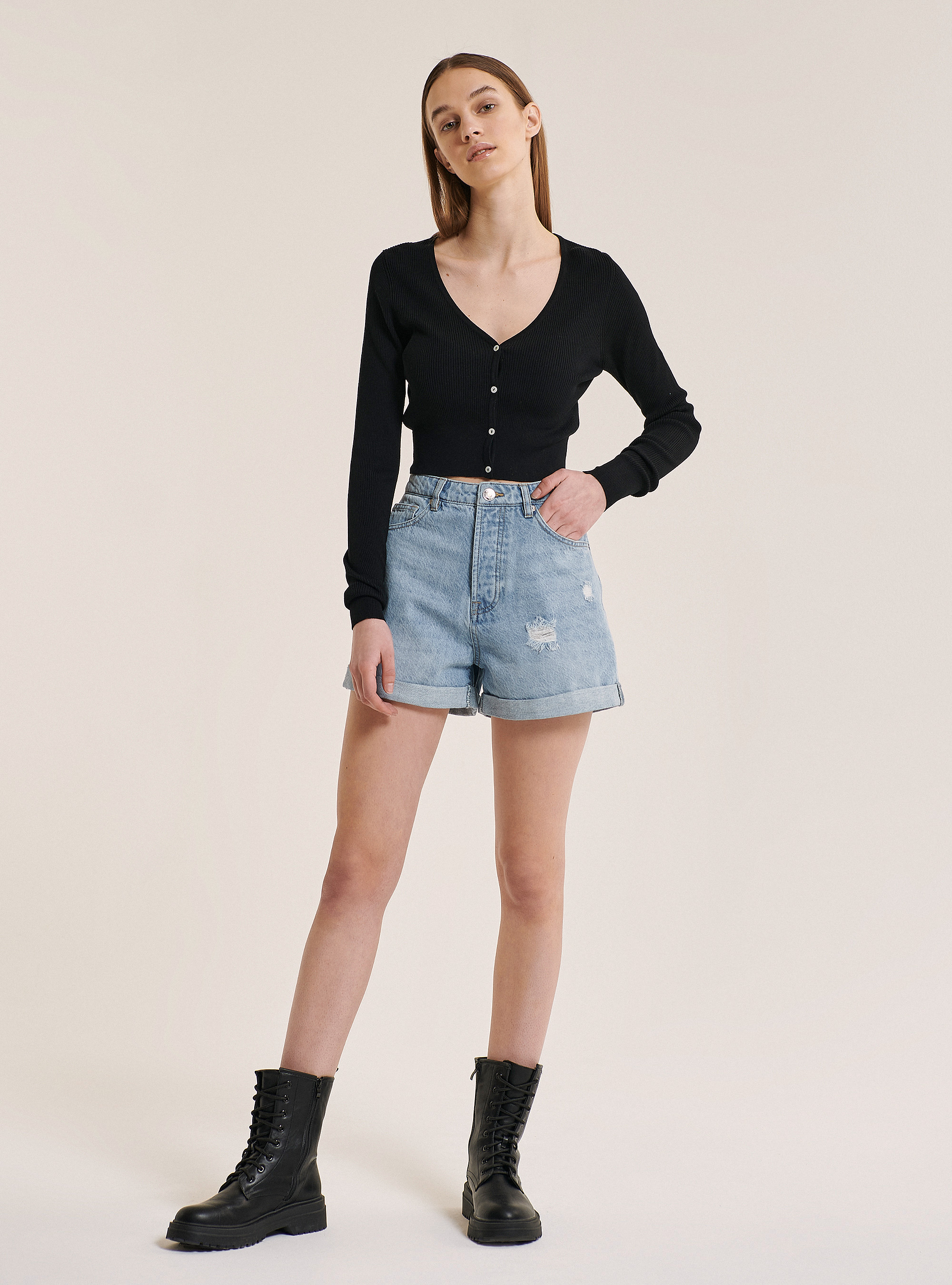 Cropped rib cardigan, BLACK