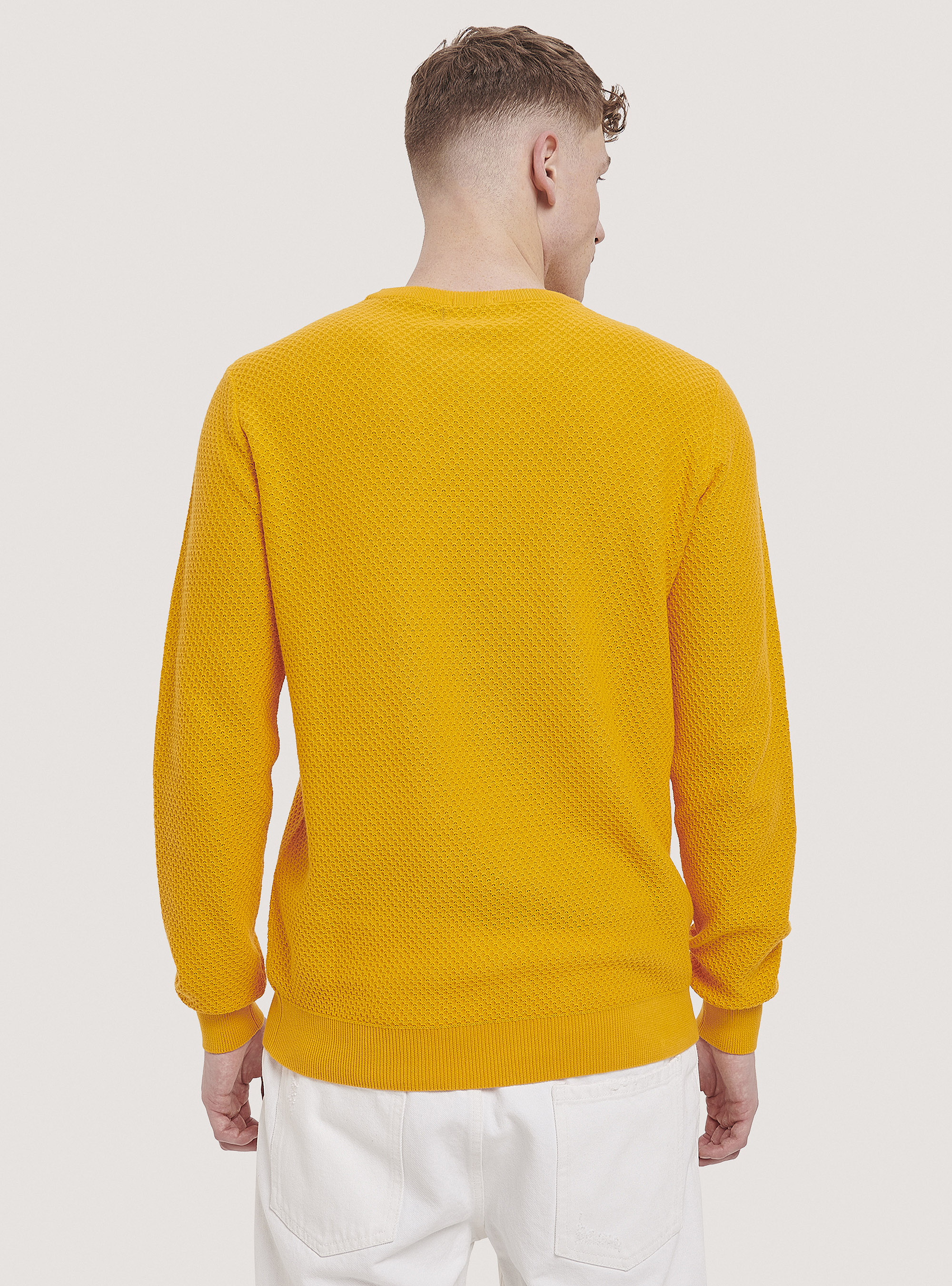 Jersey de cuello redondo con textura de nido de abeja, C734 SENAPE