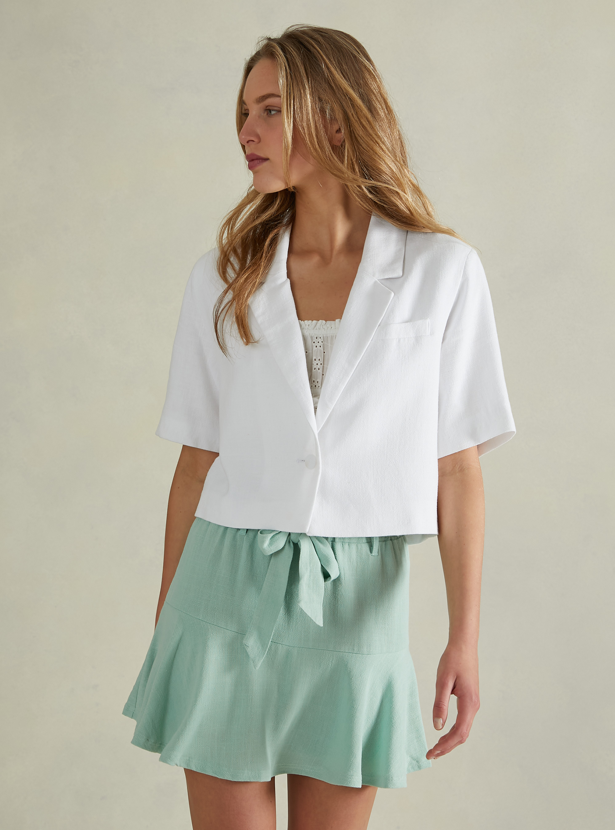 Linen blend cropped blazer, WH2 WHITE