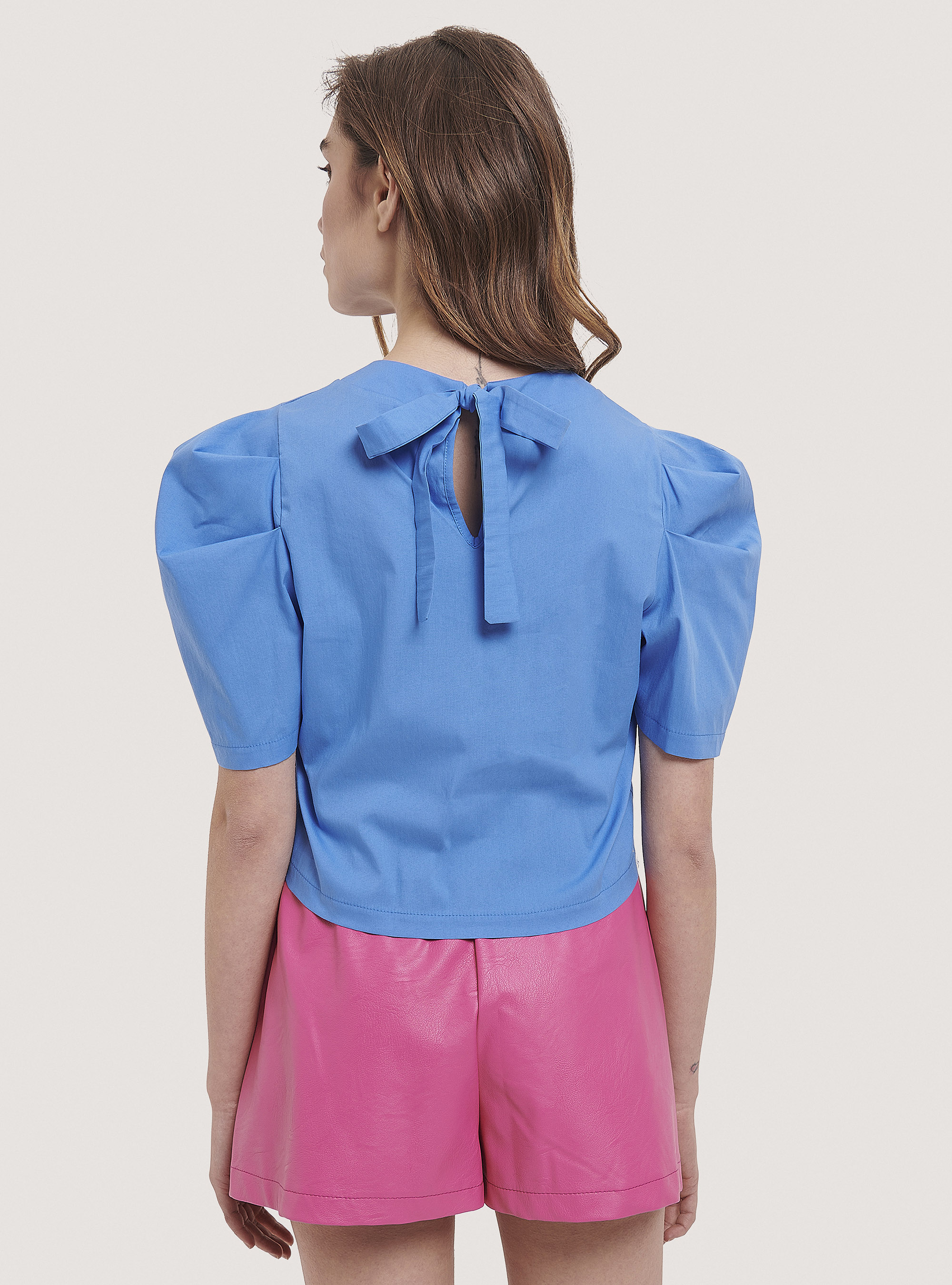 Puff Sleeve Cropped Blouse, C0299 AZZURRE