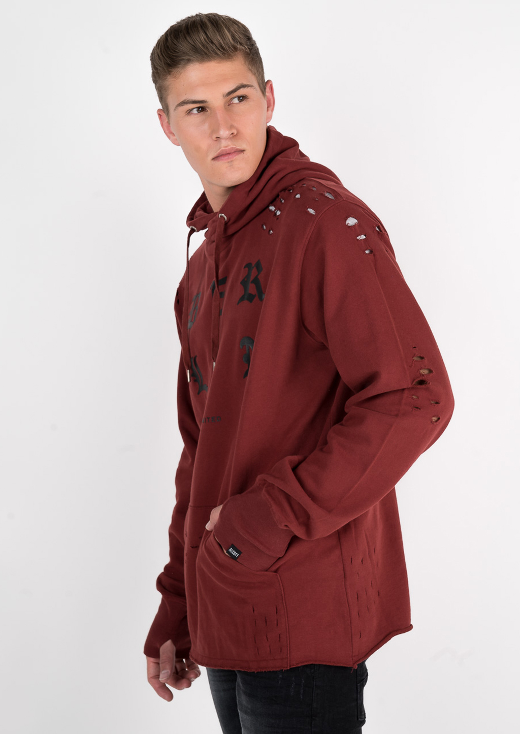 Hoodie with rips and print, C3336 BORDEAUX