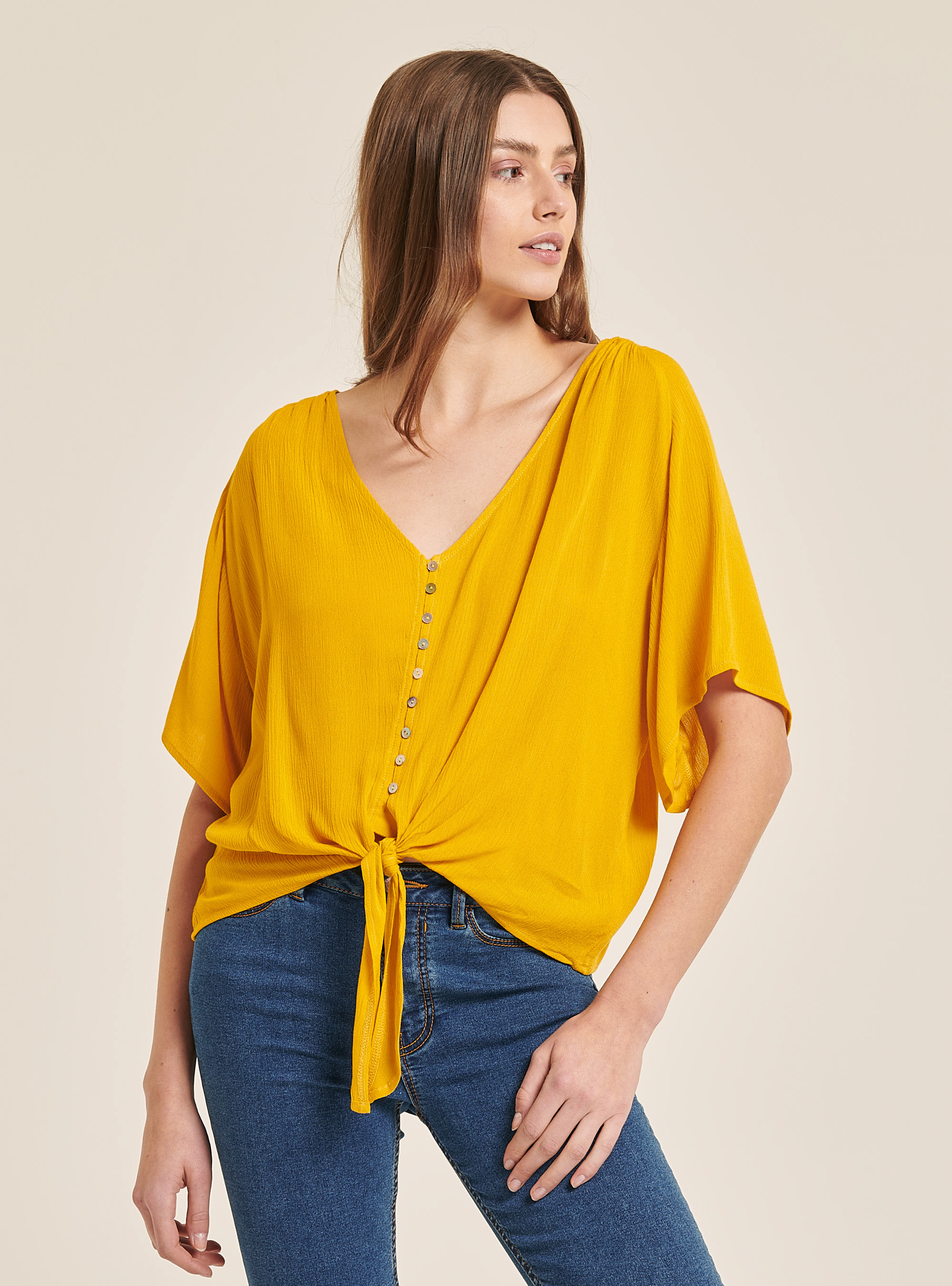 Blusa cuello v solo color, C719 SENAPE