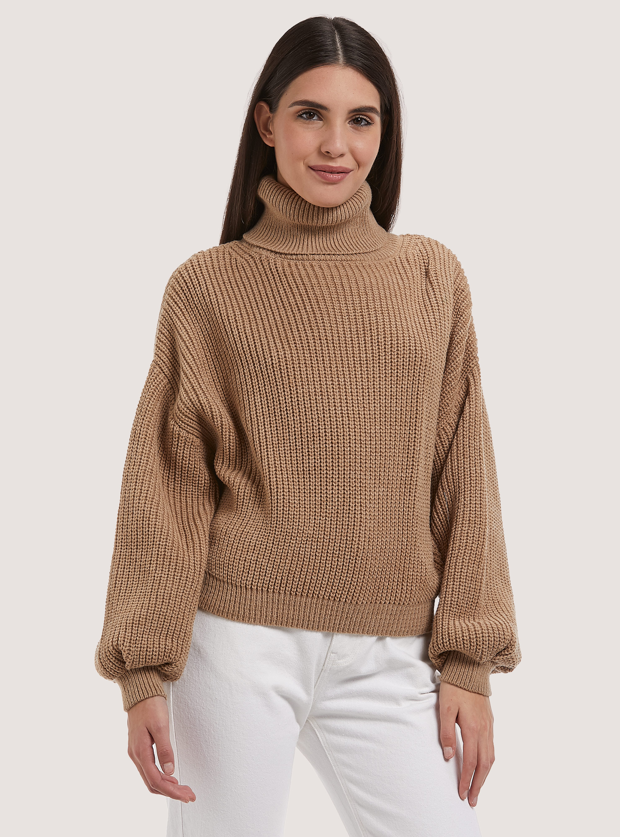 High-necked comfort fit English rib pullover, C0511TOBACCO/C099WHITE