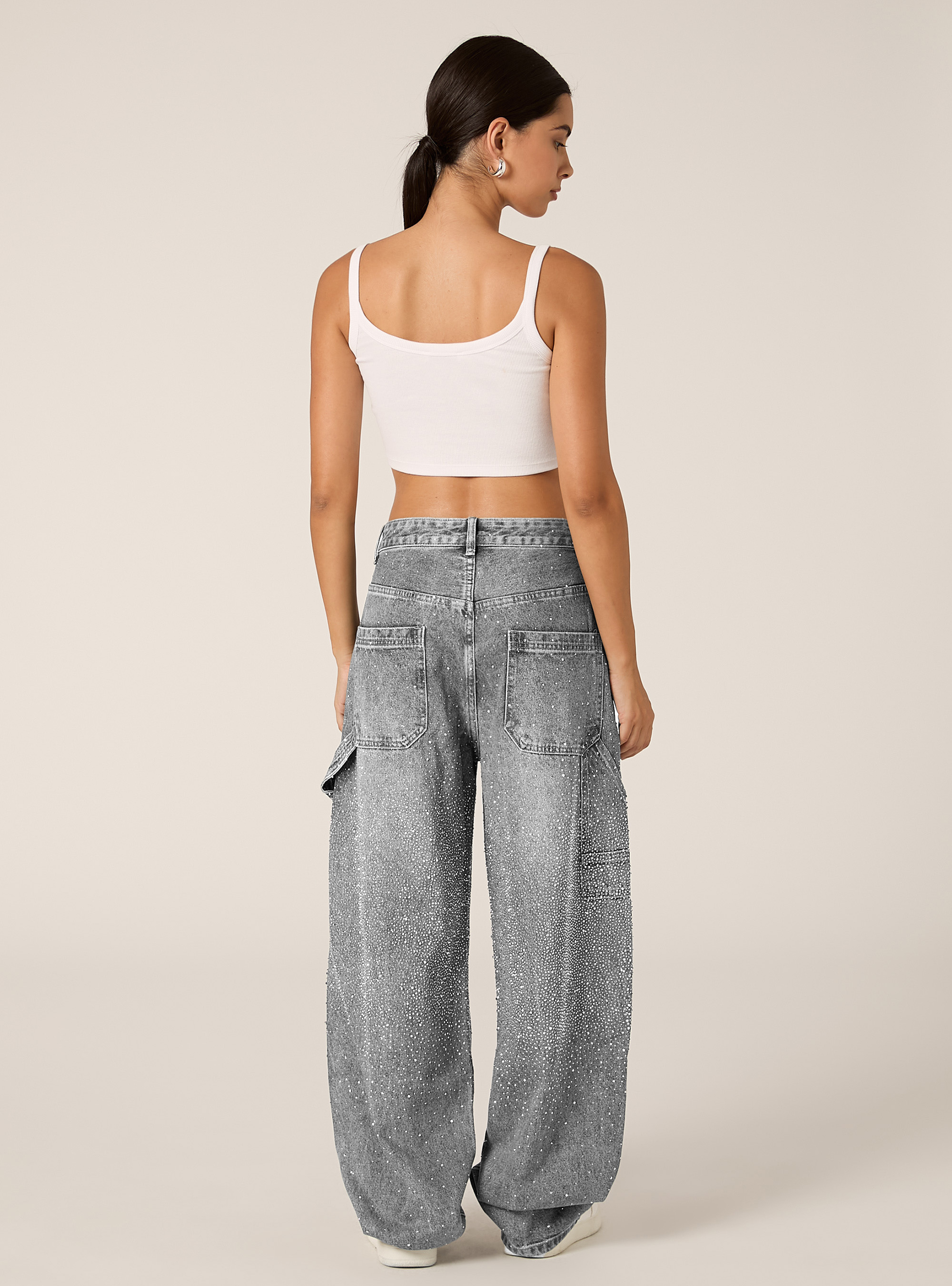 Baggy carpenter jeans with rhinestones, D00G GREY