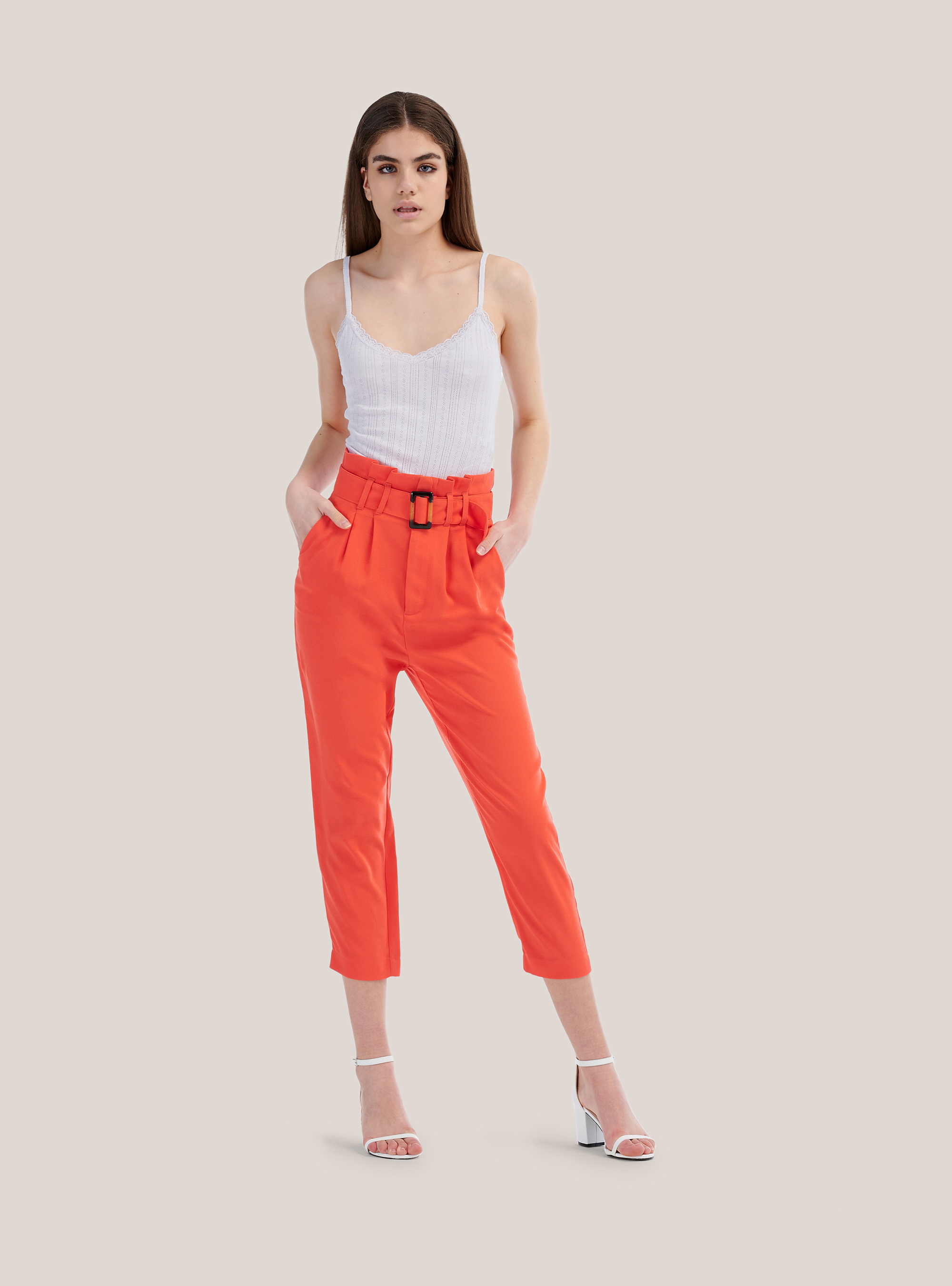 Pantalon paperbag avec ceinture coupe confort, C3382 DARK ORANGE