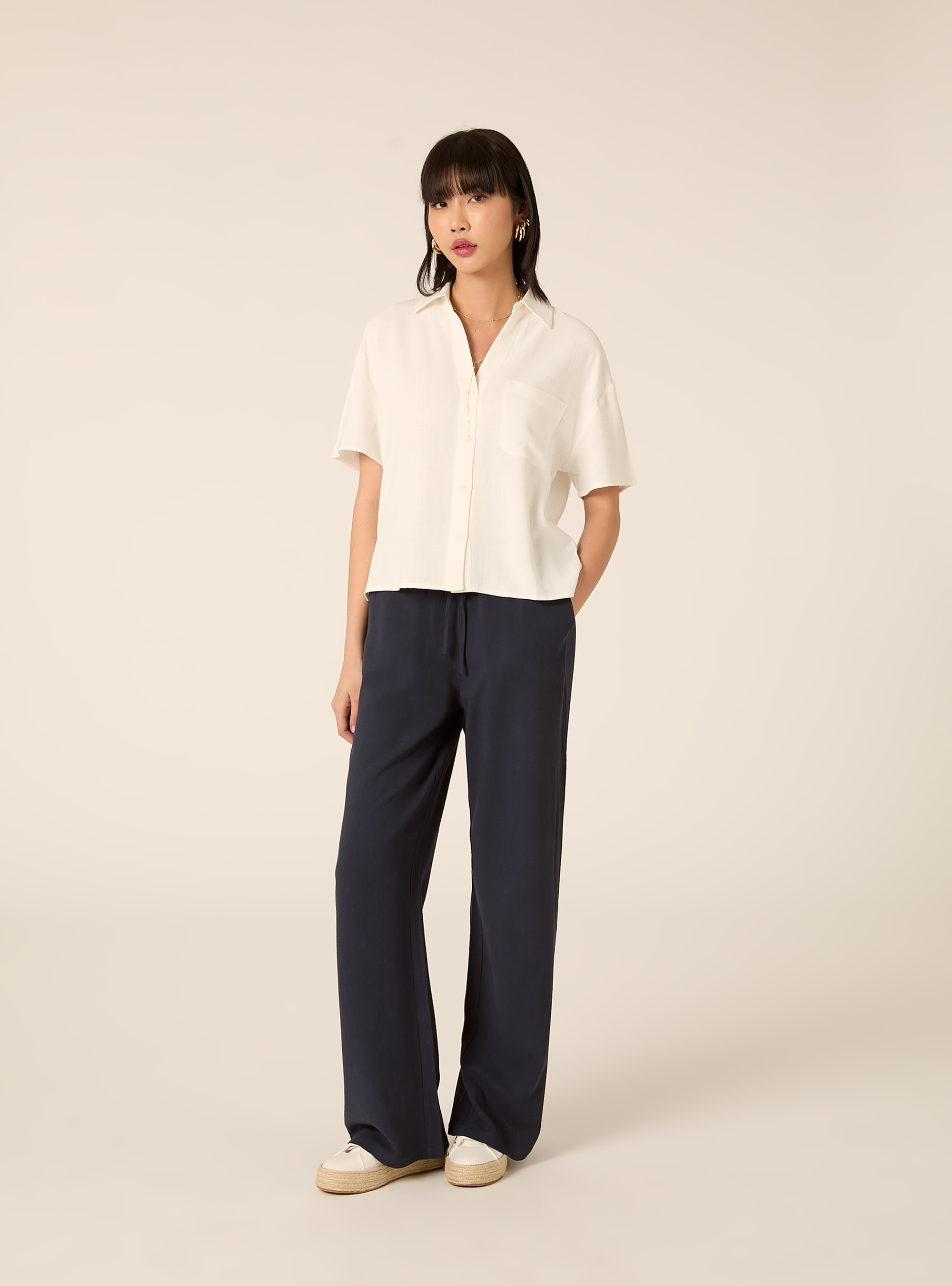 Camisa cropped de mezcla de lino, WH2 WHITE