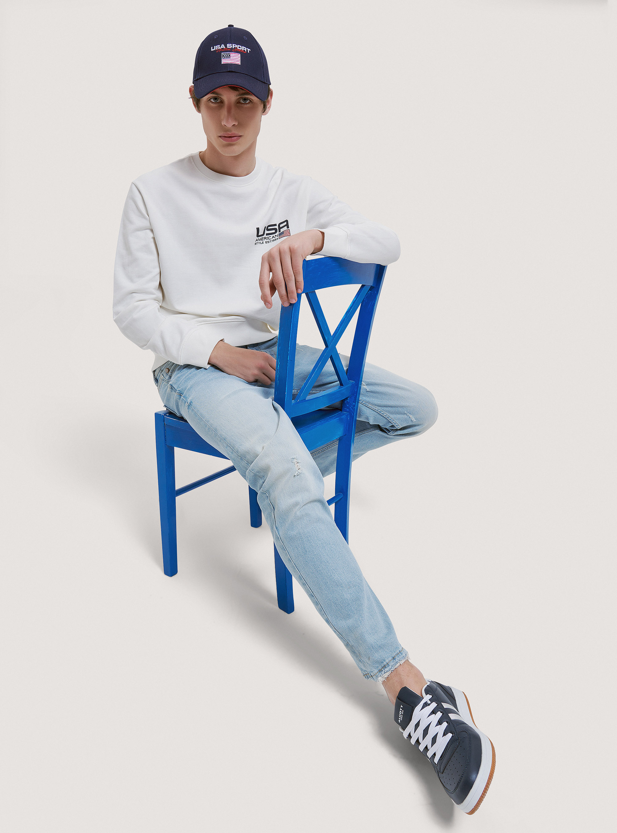 Crew-neck cotton sweatshirt with print, C0020 OFF WHITE