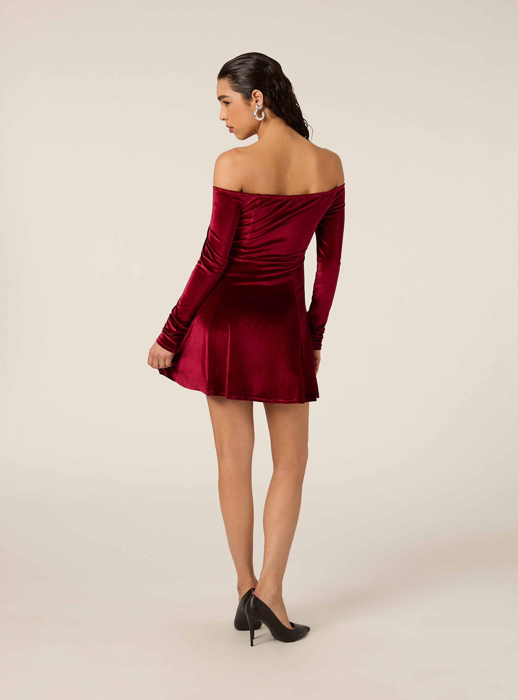 Abito in velluto svasato con spalle scoperte, RD2 RED MEDIUM