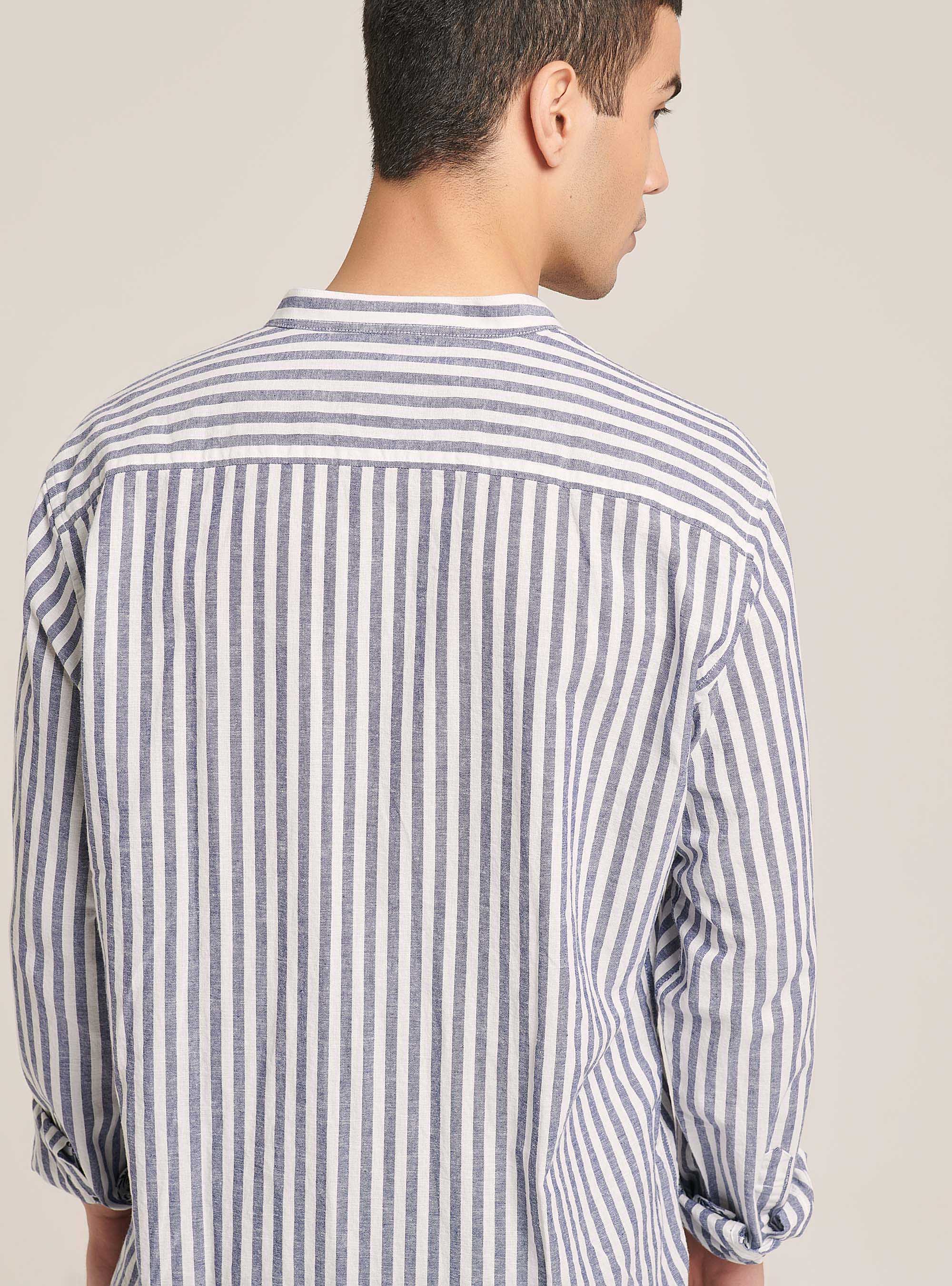 Chemise rayée en lin mélangé à col coréen, STRIPES