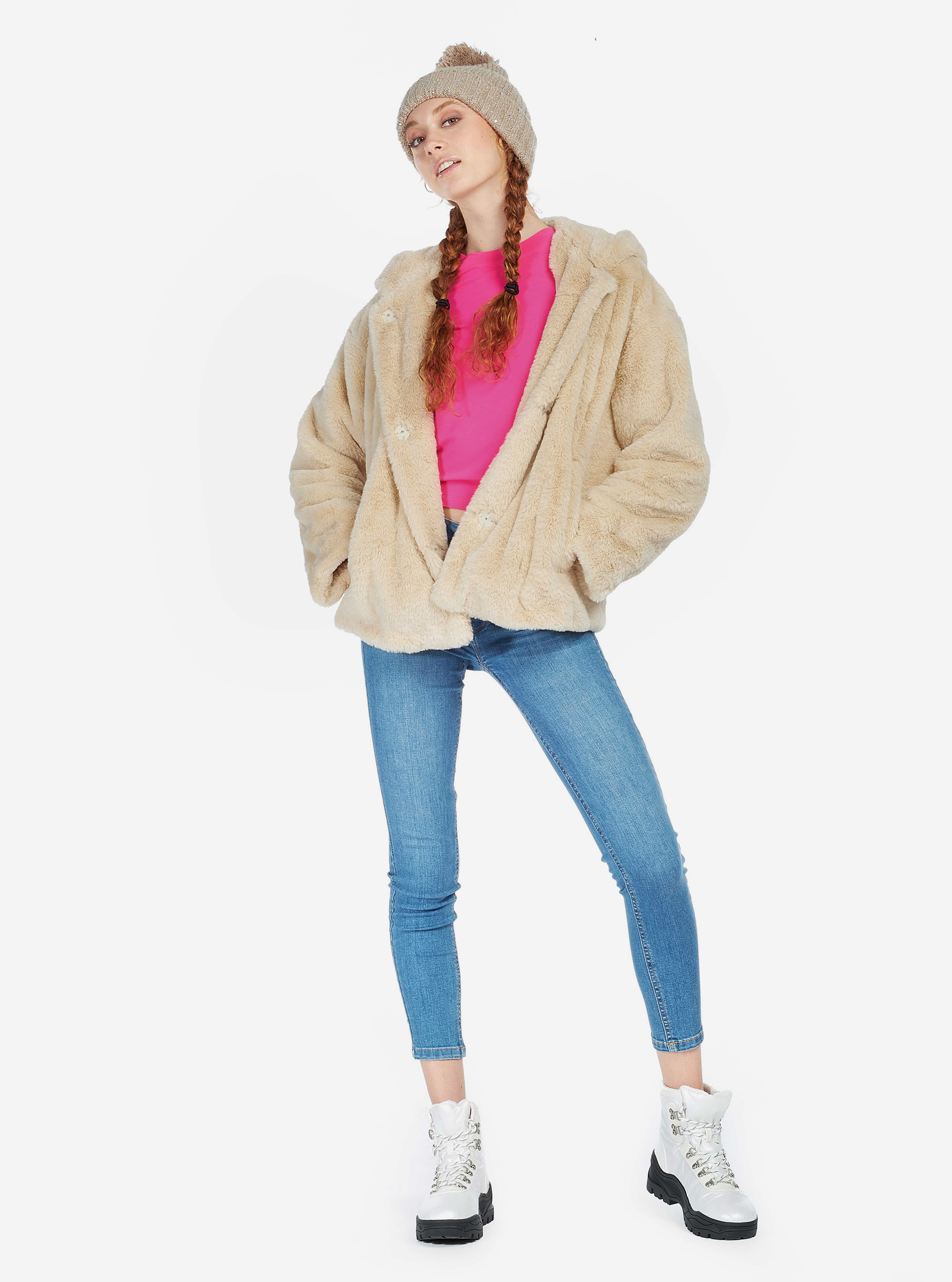 SHORT FAKE FUR COAT WITH HOOD, C5557 BEIGE