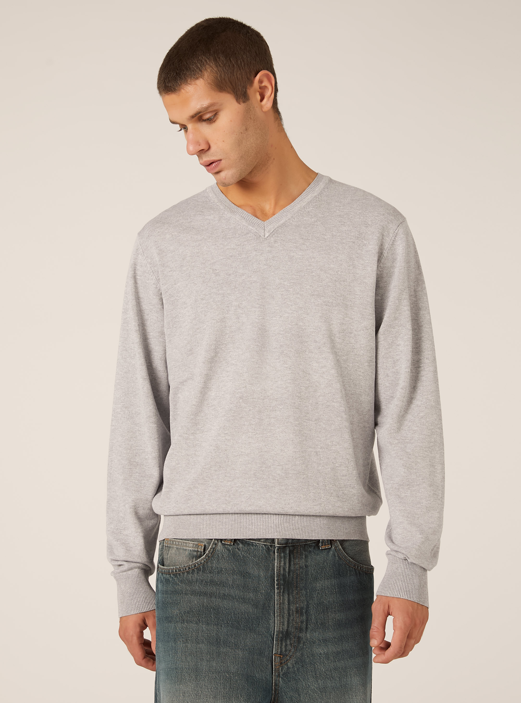 Pullover con scollo a V in viscosa Ecovero, MGY2 GREY MEL MEDIUM