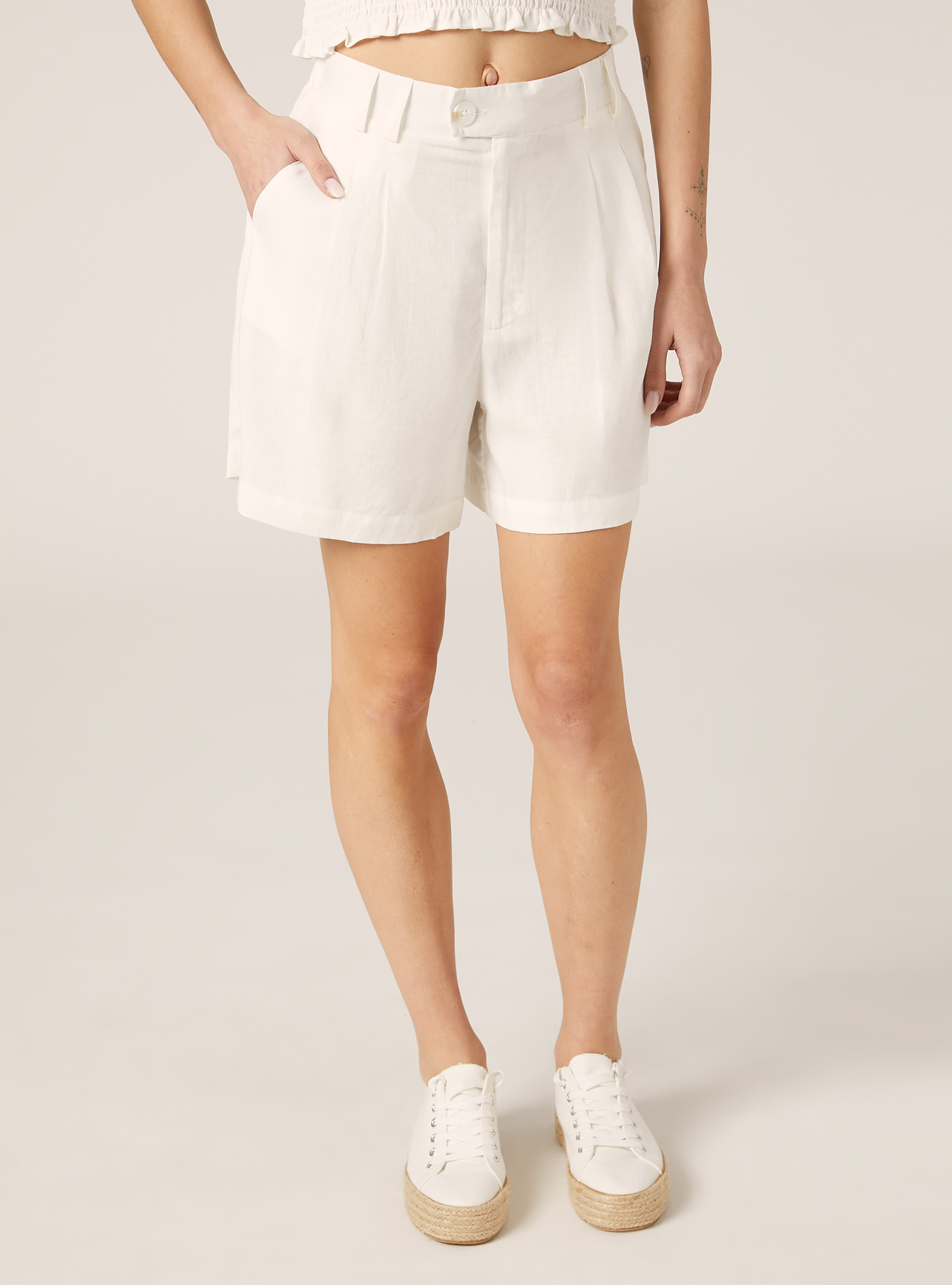 Bermuda in misto lino in tinta unita, WH2 WHITE