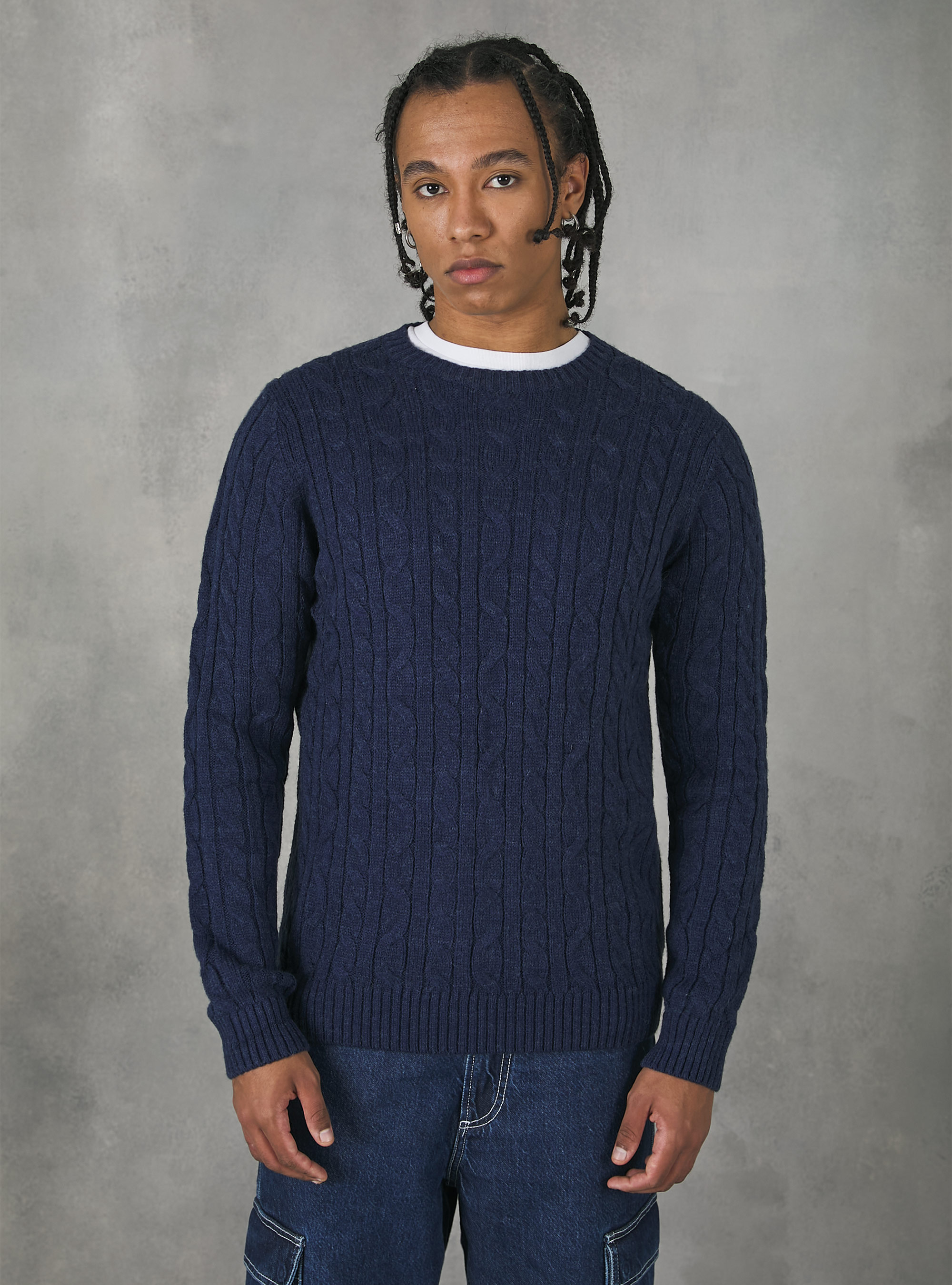 Crew-neck pullover with braids, MNA2 NAVY MEL MED
