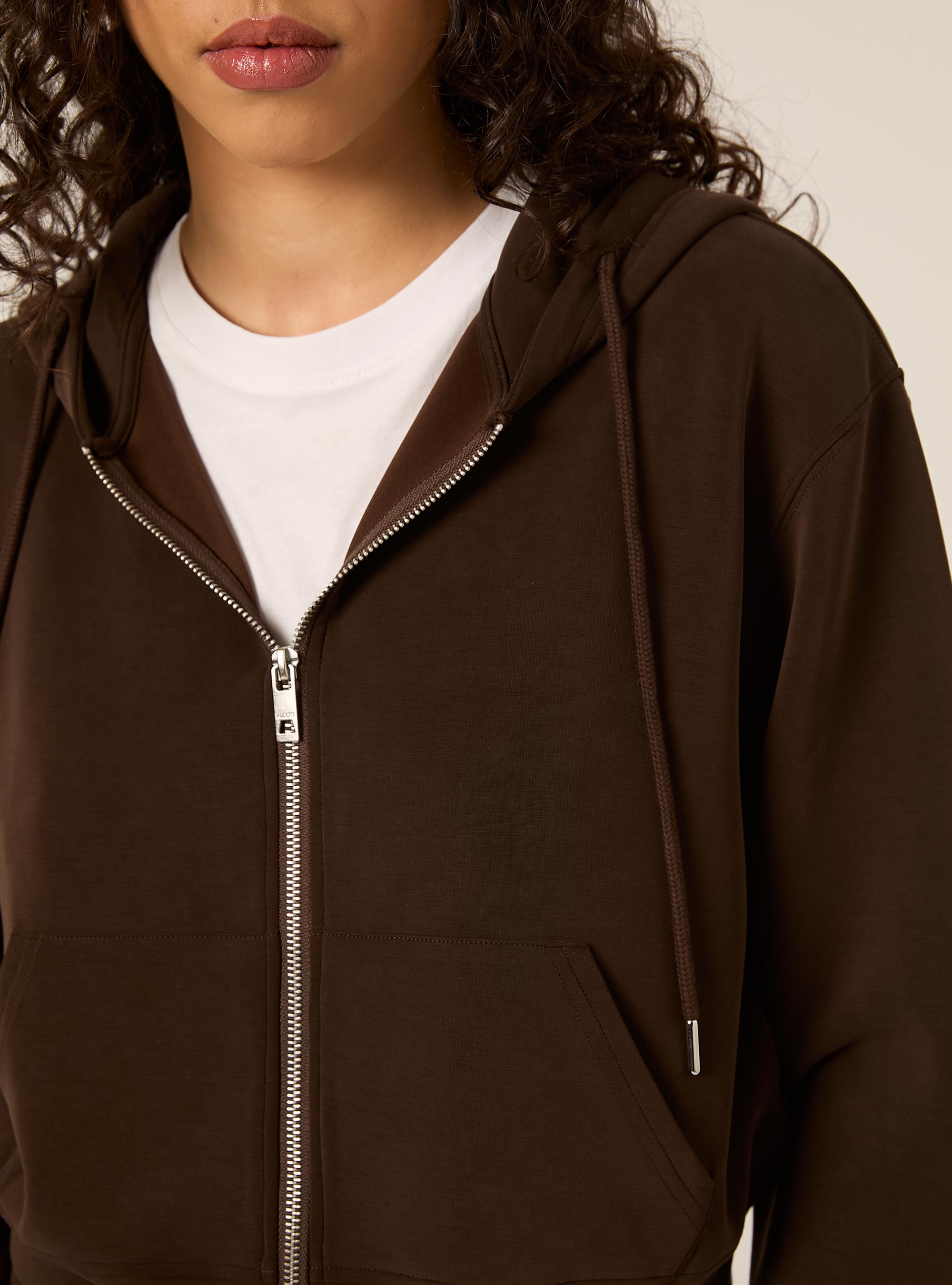 Cardigan con zip cappuccio soft touch, BR1 BROWN DARK