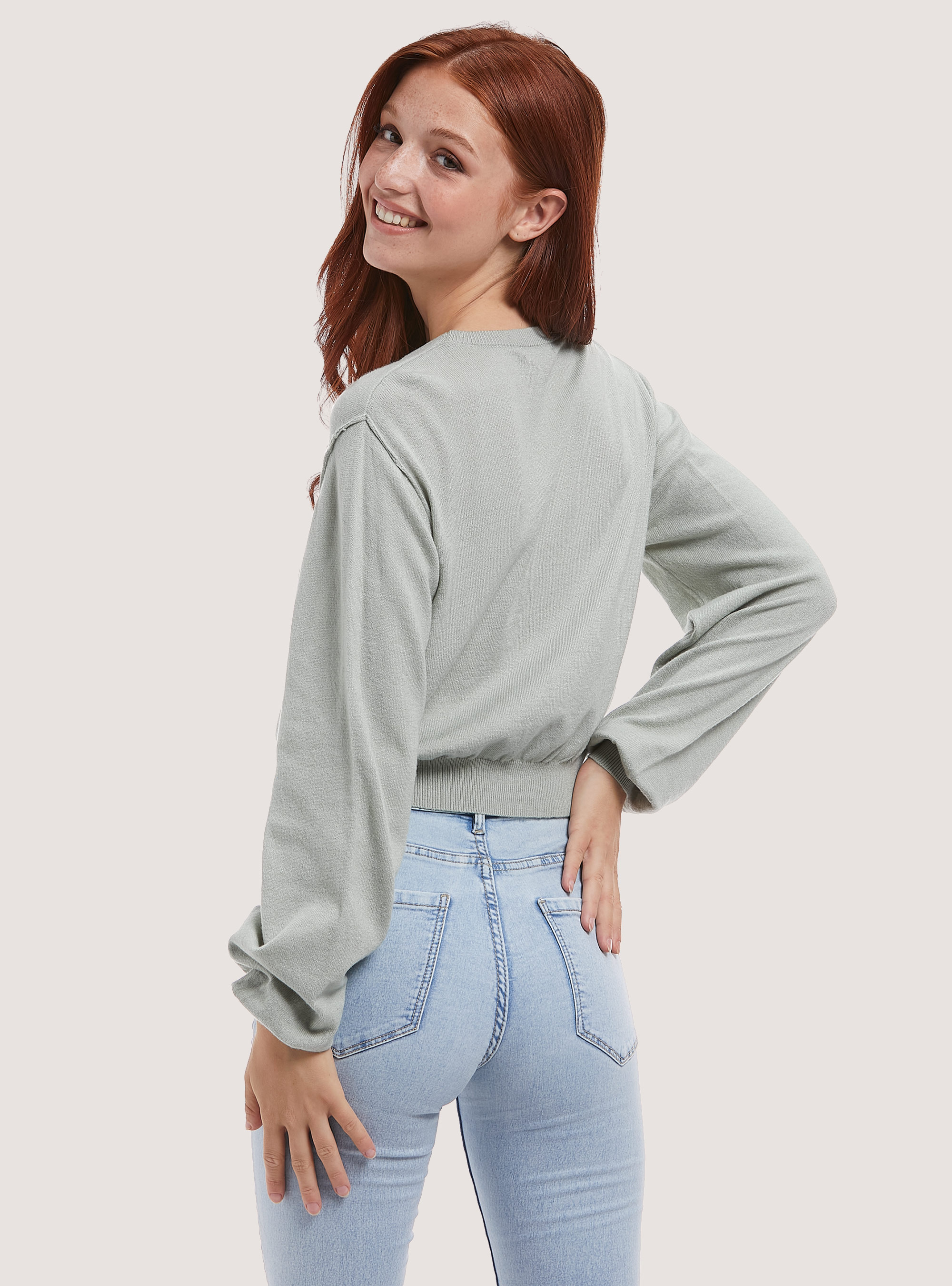 Cropped pullover with puff sleeves, C6585 GREEN