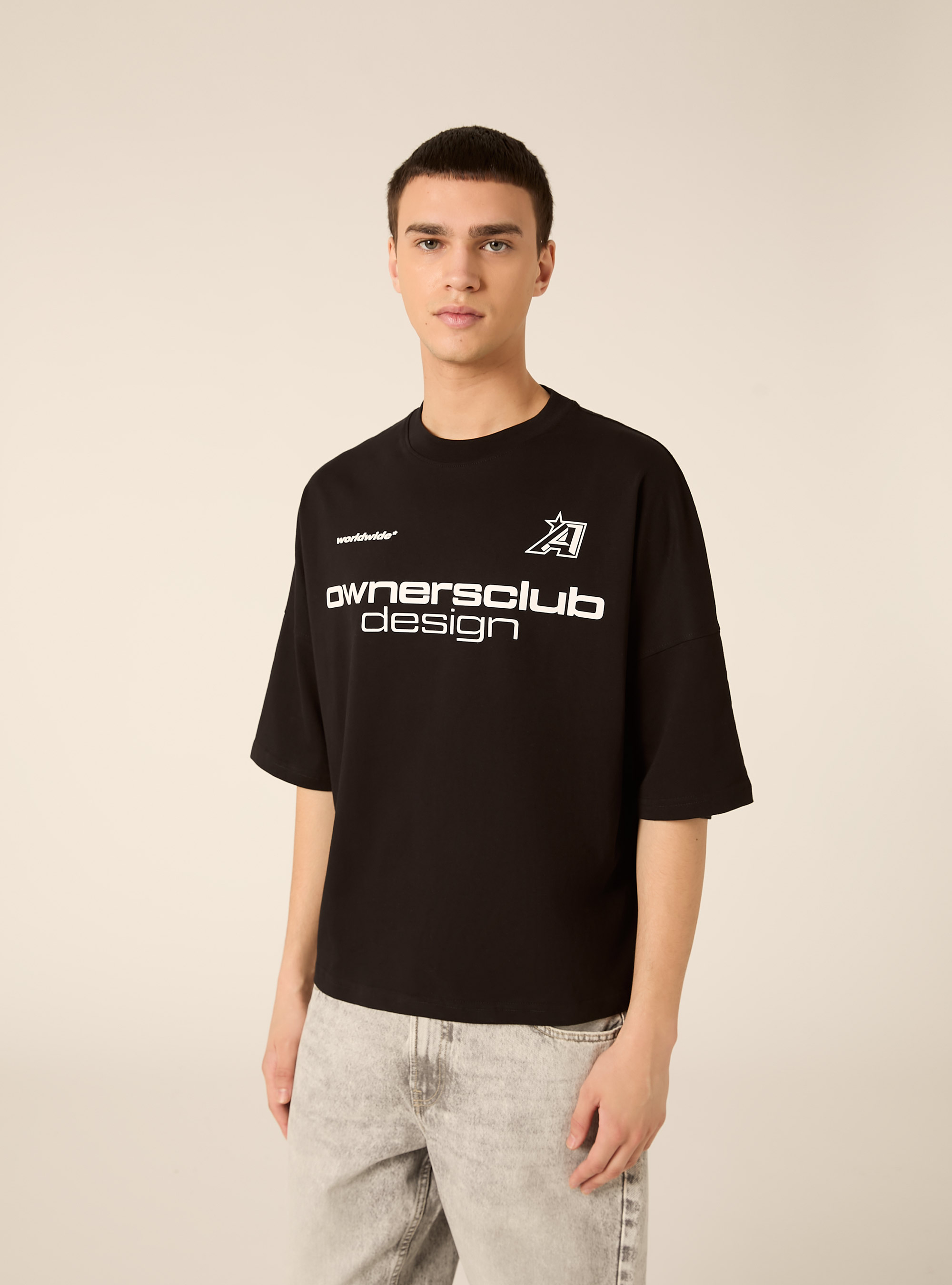 T- shirt base boxy con stampa, BK1 BLACK