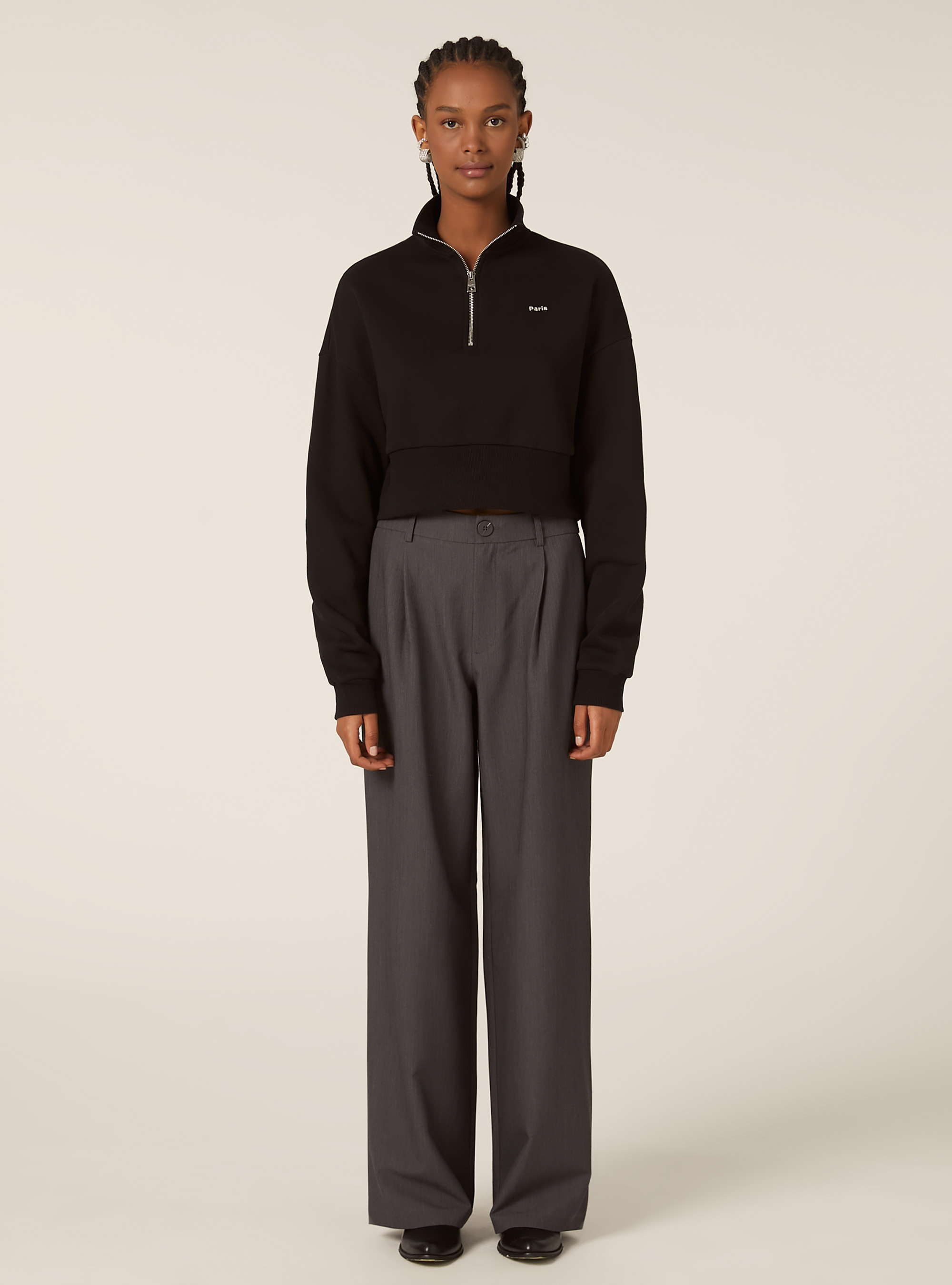 Sudadera corta con cuello y cremallera, BK1 BLACK