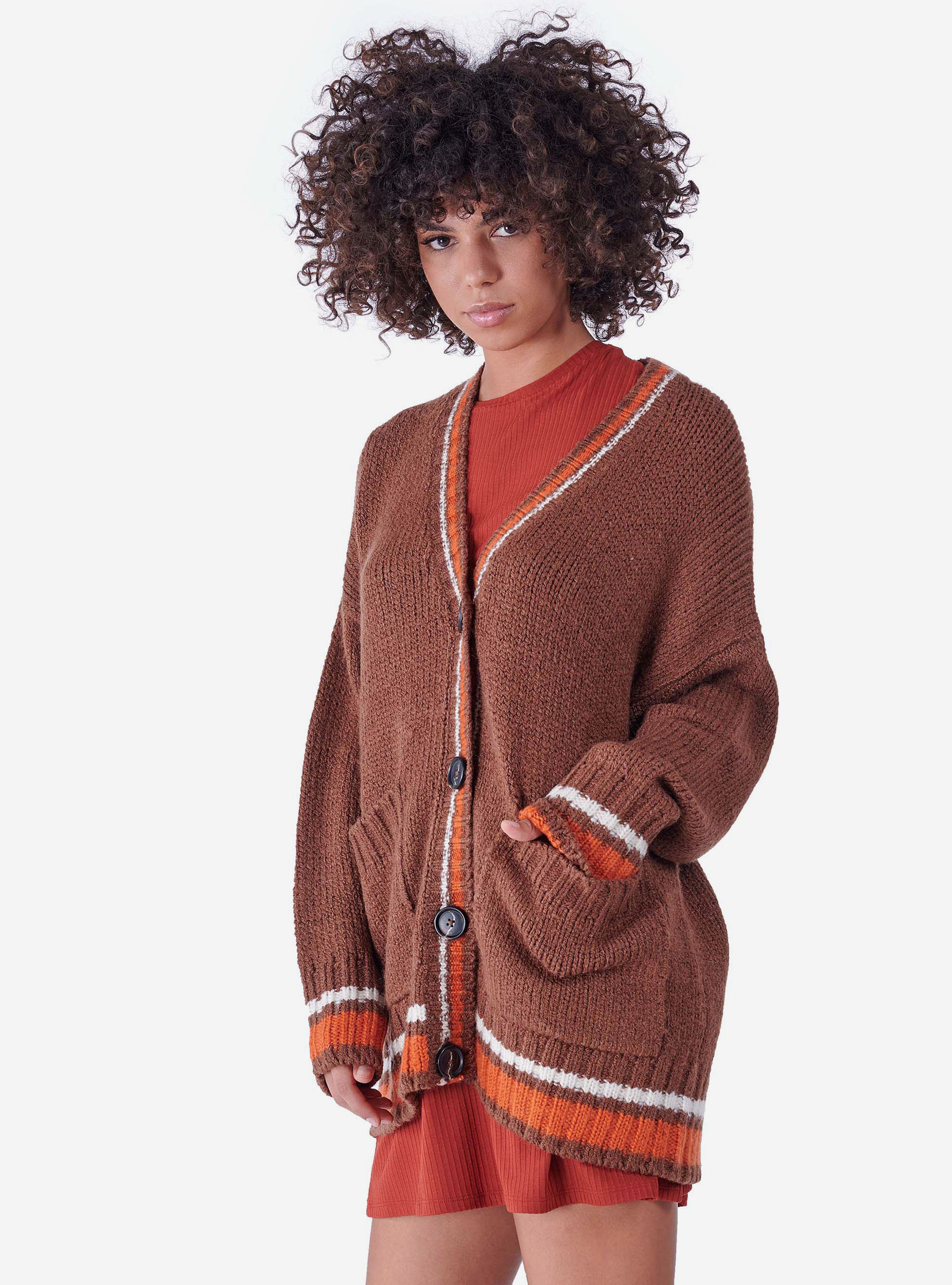 CARDIGAN WITH FLUO DETAILS, TOBACCO