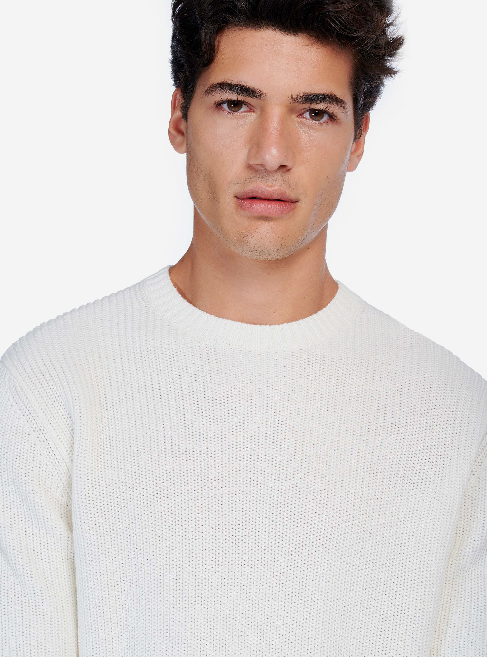 RIB KNIT ROUND NECK PULLOVER, OFF-WHITE