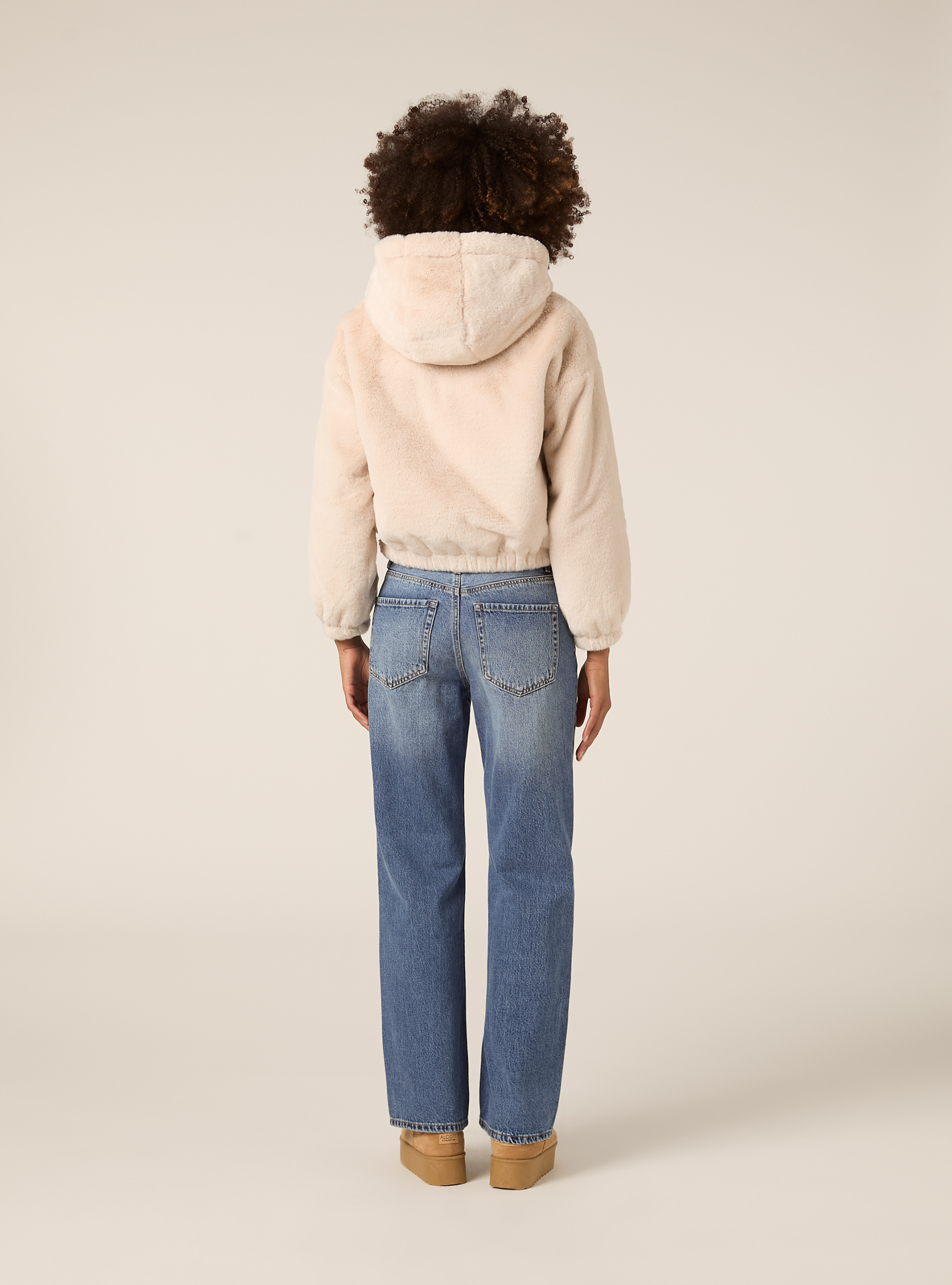 Giubbotto con cappuccio in pelliccia sintetica, BG3 BEIGE LIGHT