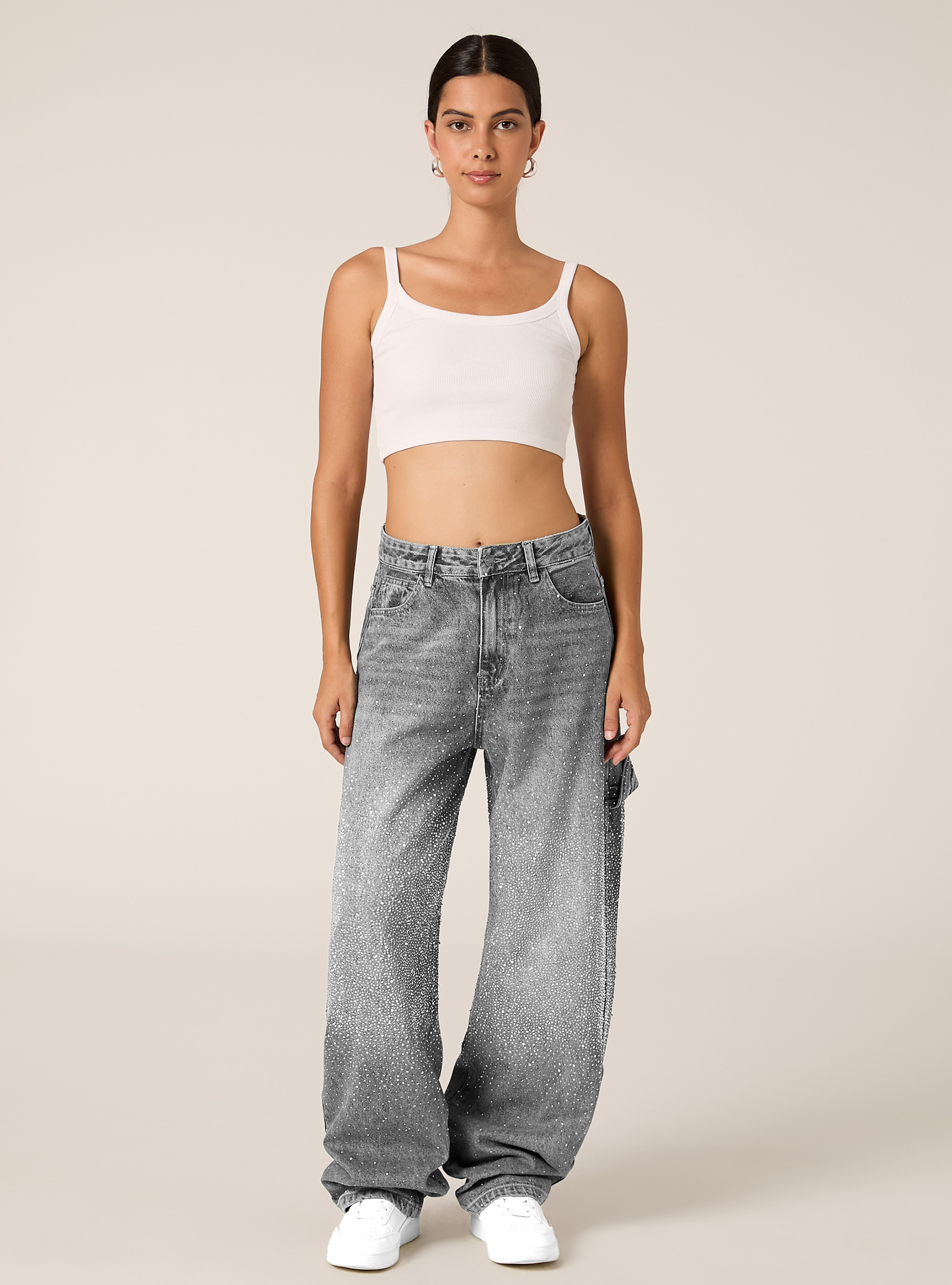 Vaqueros anchos de carpintero con strass, D00G GREY