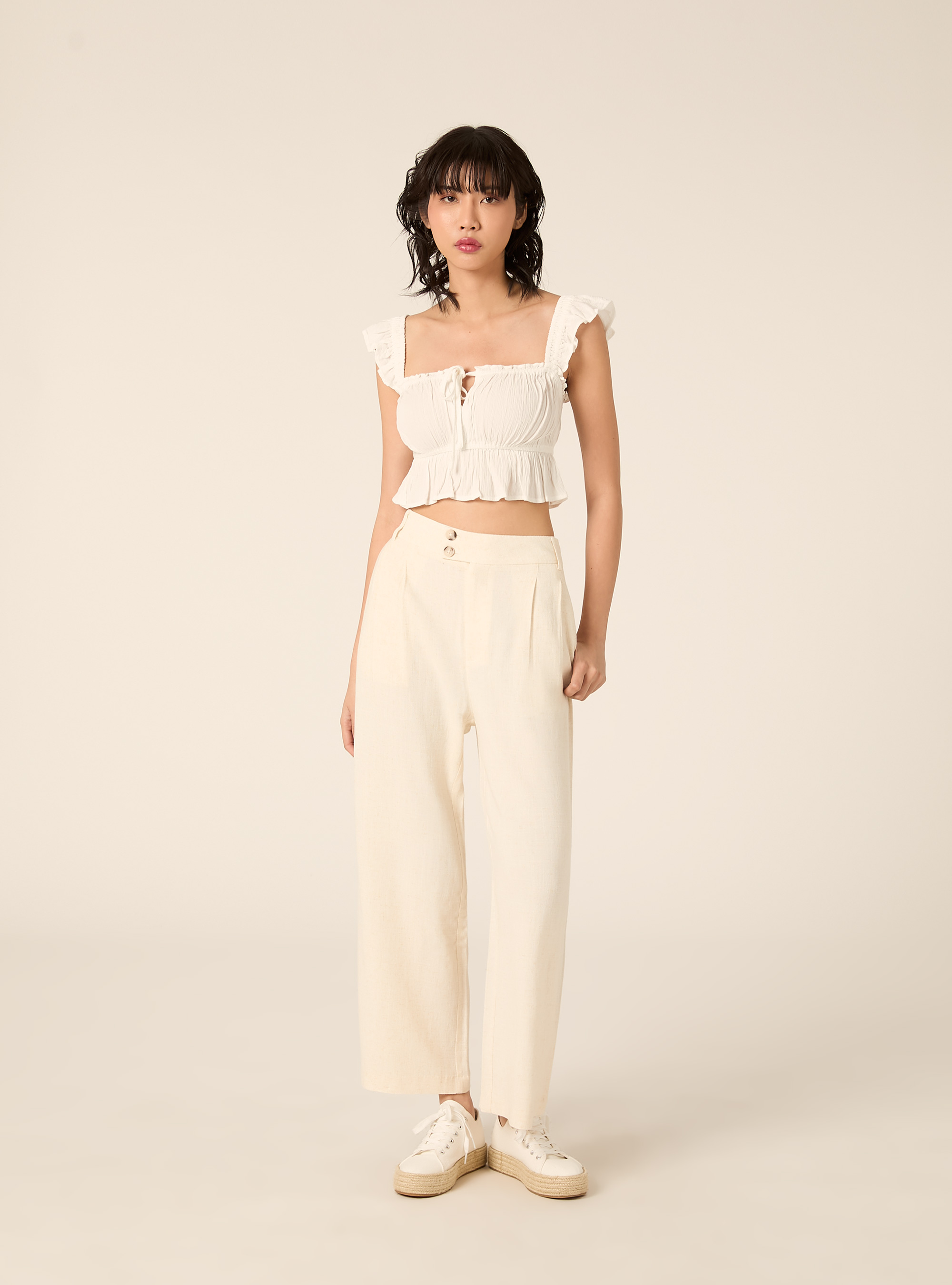 Pantaloni wide leg in misto lino, MBG3 BEIGE MEL LIGHT