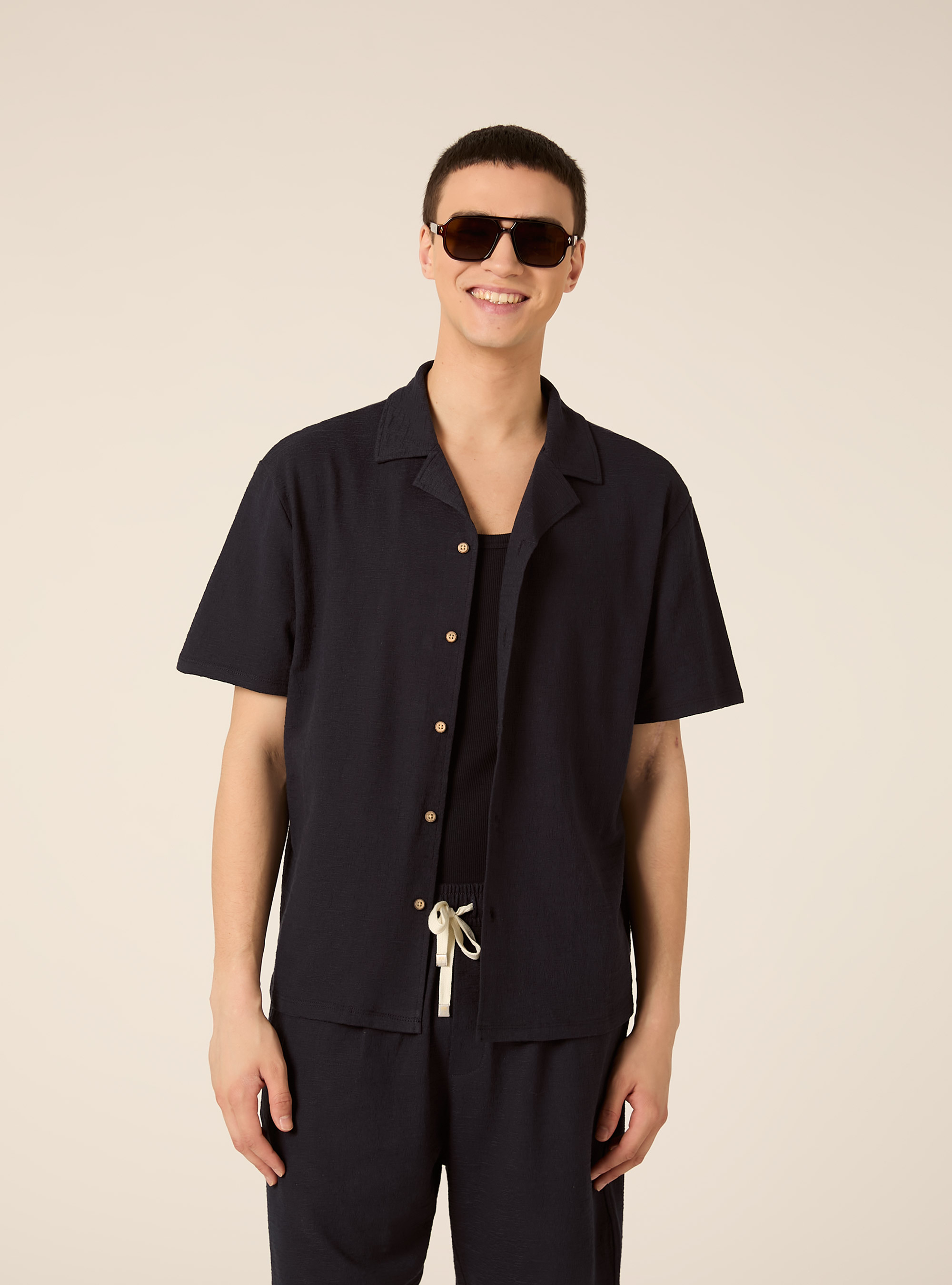 Camicia bowling in jersey texture regular fit, NA1 NAVY DARK