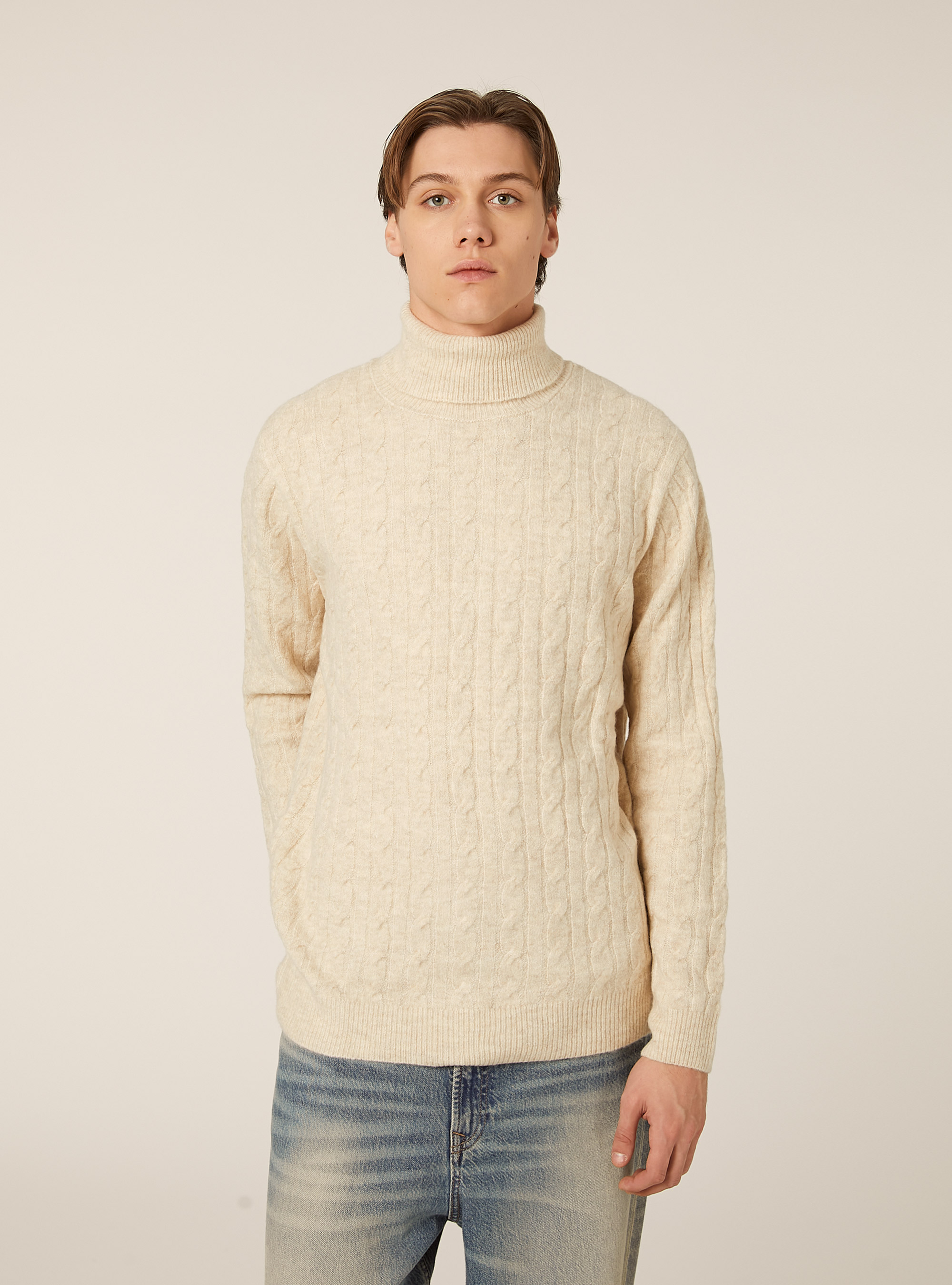 High-neck pullover with cable knit, MBG3 BEIGE MEL LIGHT