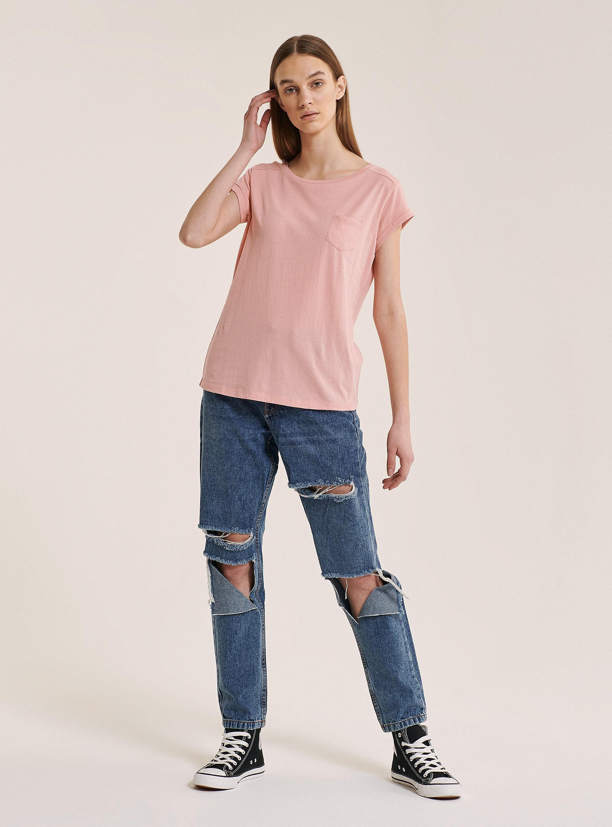 Basic cotton T-shirt with breast pocket, C4400 PINK