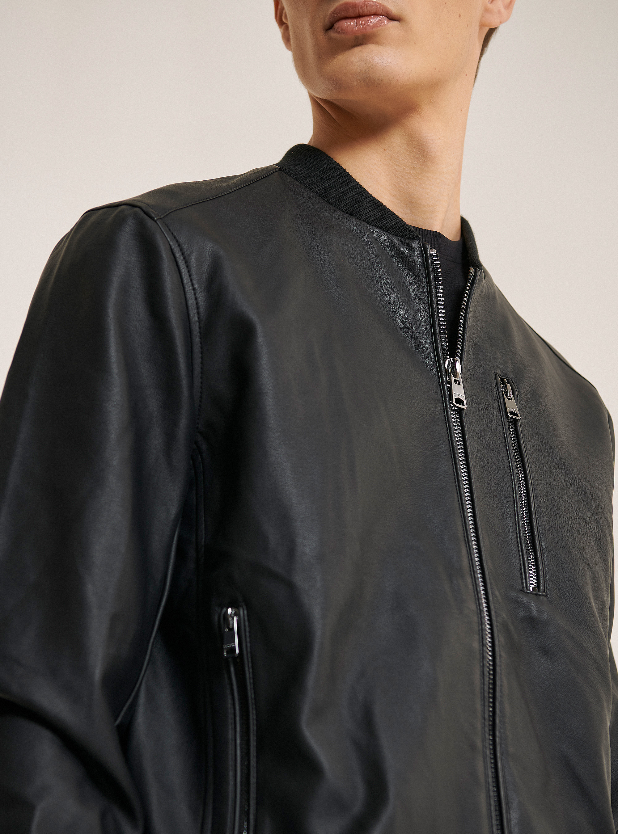 Jacket with leather effect zipper, BLACK