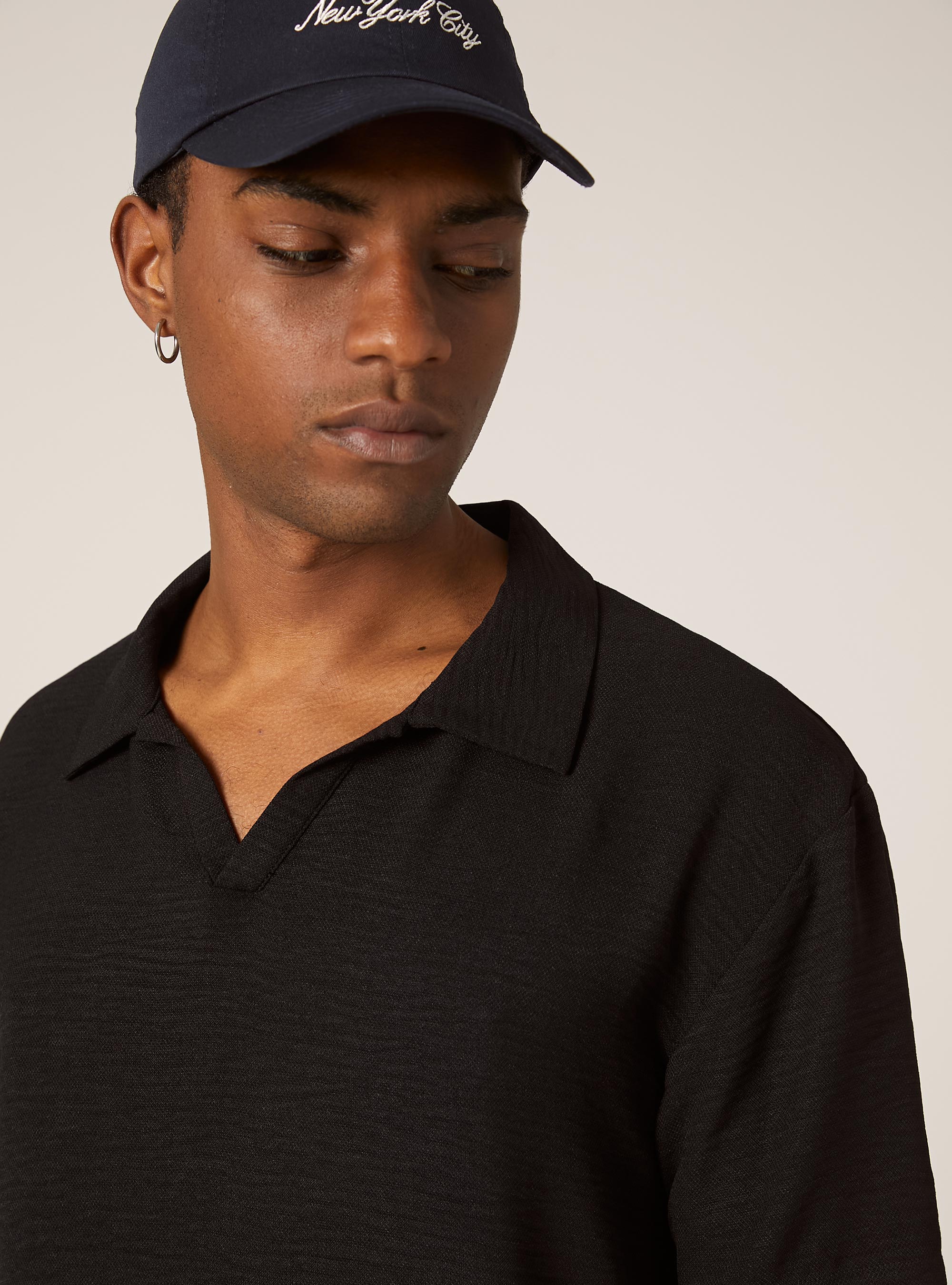 Crepe polo shirt with open collar, BK1 BLACK