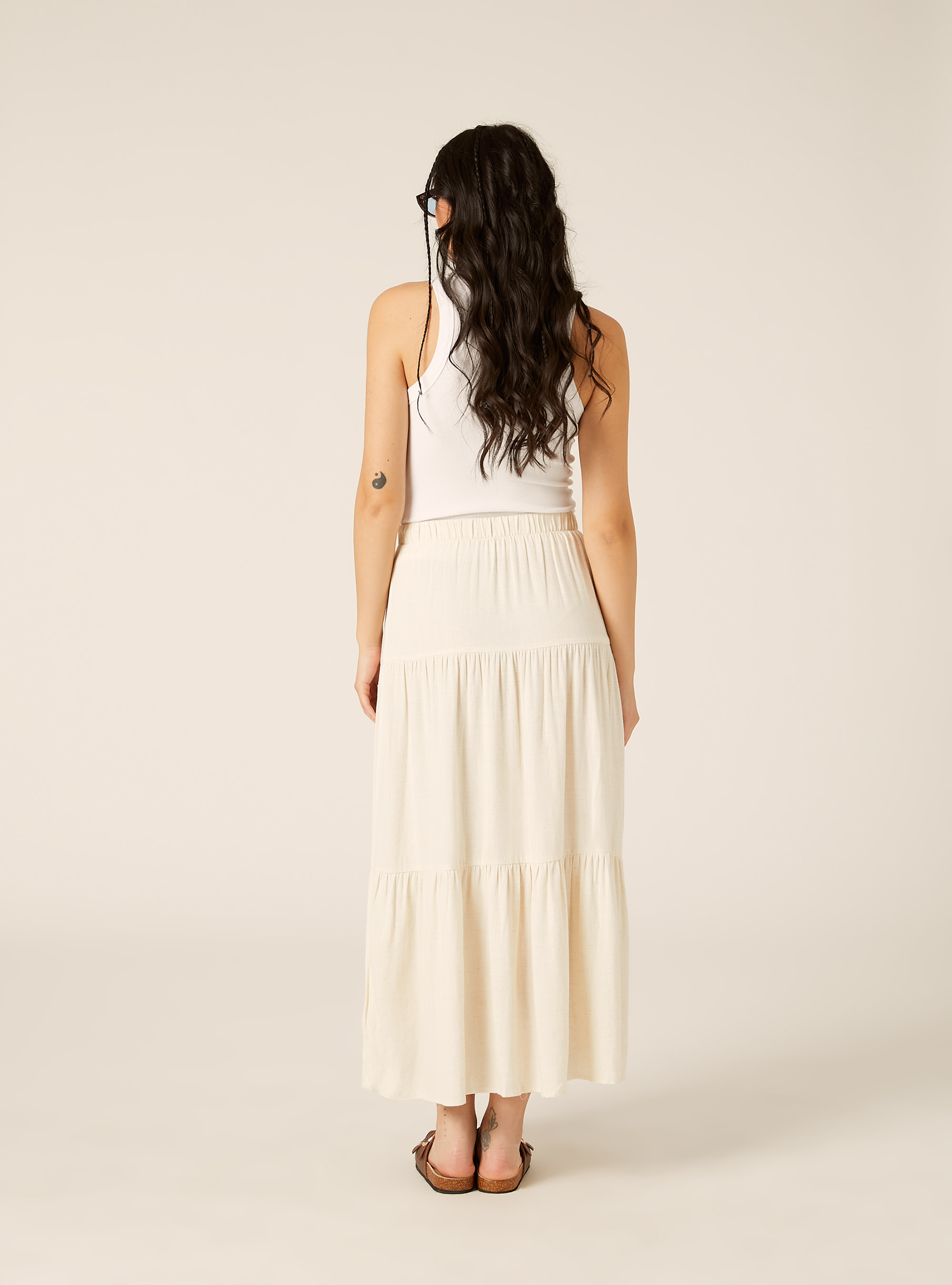 Jupe boh&egrave;me &agrave; volants en m&eacute;lange de lin, MBG3 BEIGE MEL LIGHT