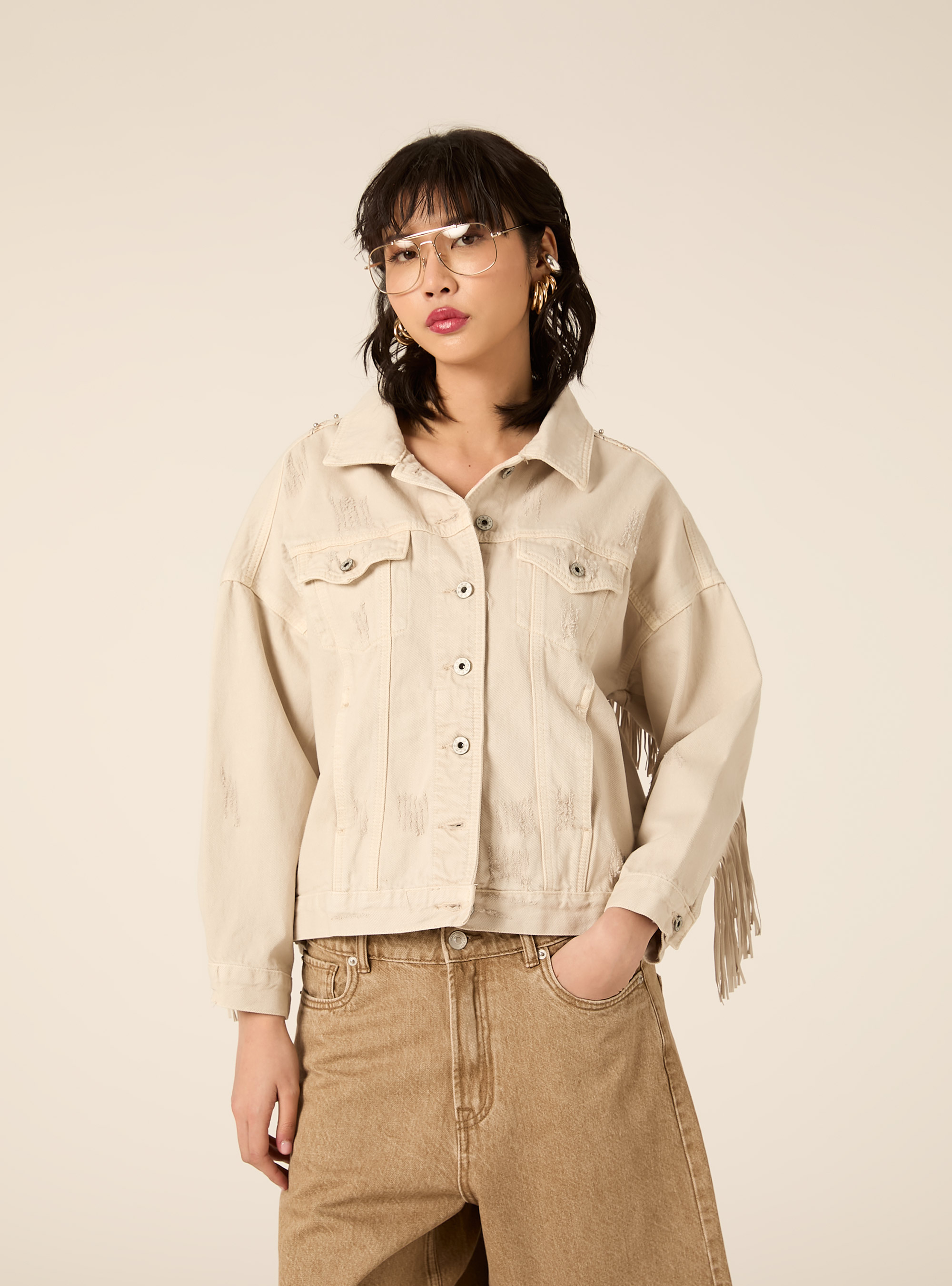 Giubbotto in denim con frange, BG3 BEIGE LIGHT