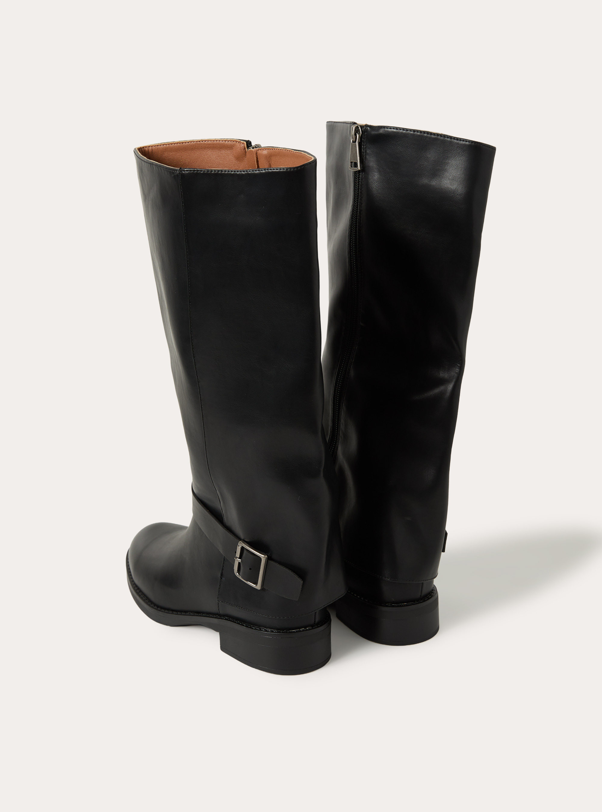 Bottes hautes en effet cuir style cavaliere avec boucle et zip, BK1 BLACK
