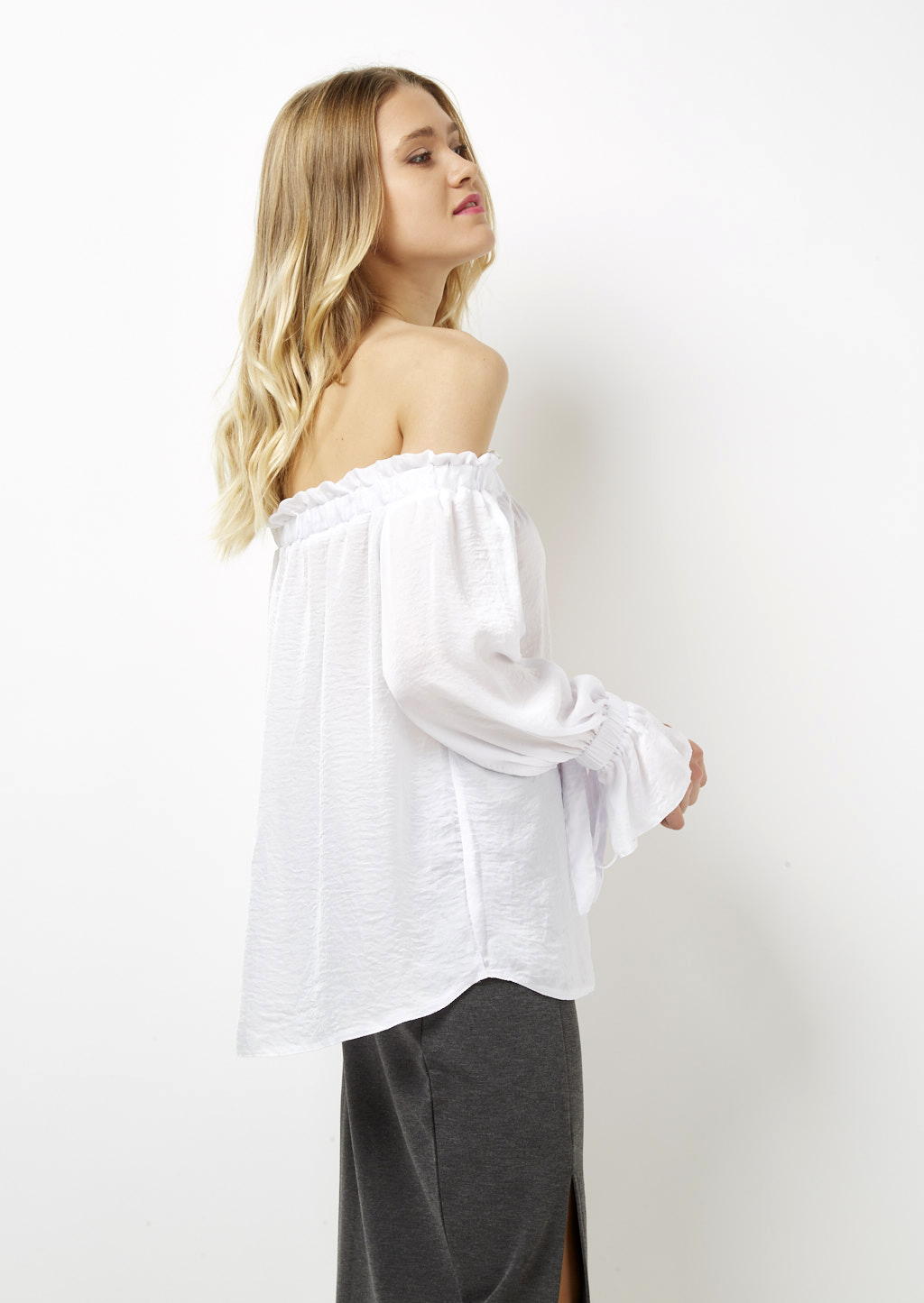 Blusa con scollo bardot, BLANCO