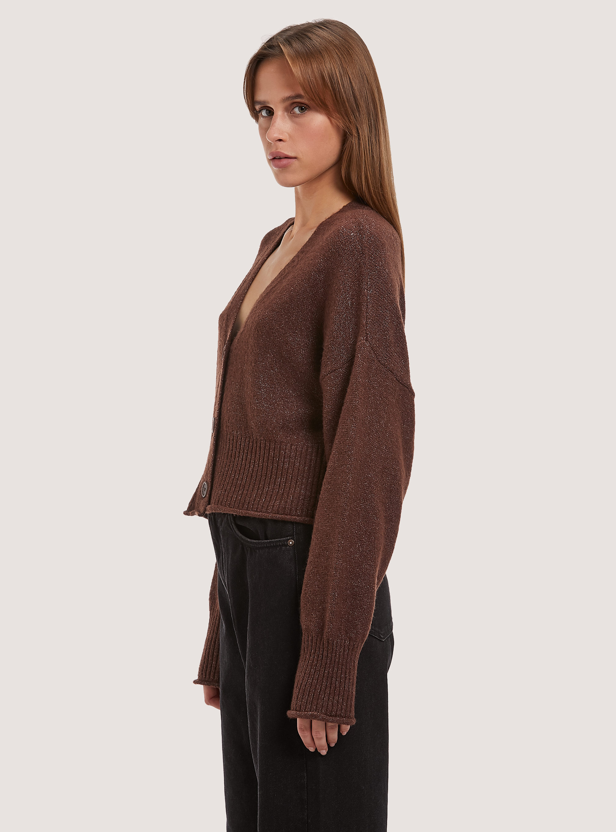 Pullover cardigan con scollo a V, BR2 BROWN MEDIUM